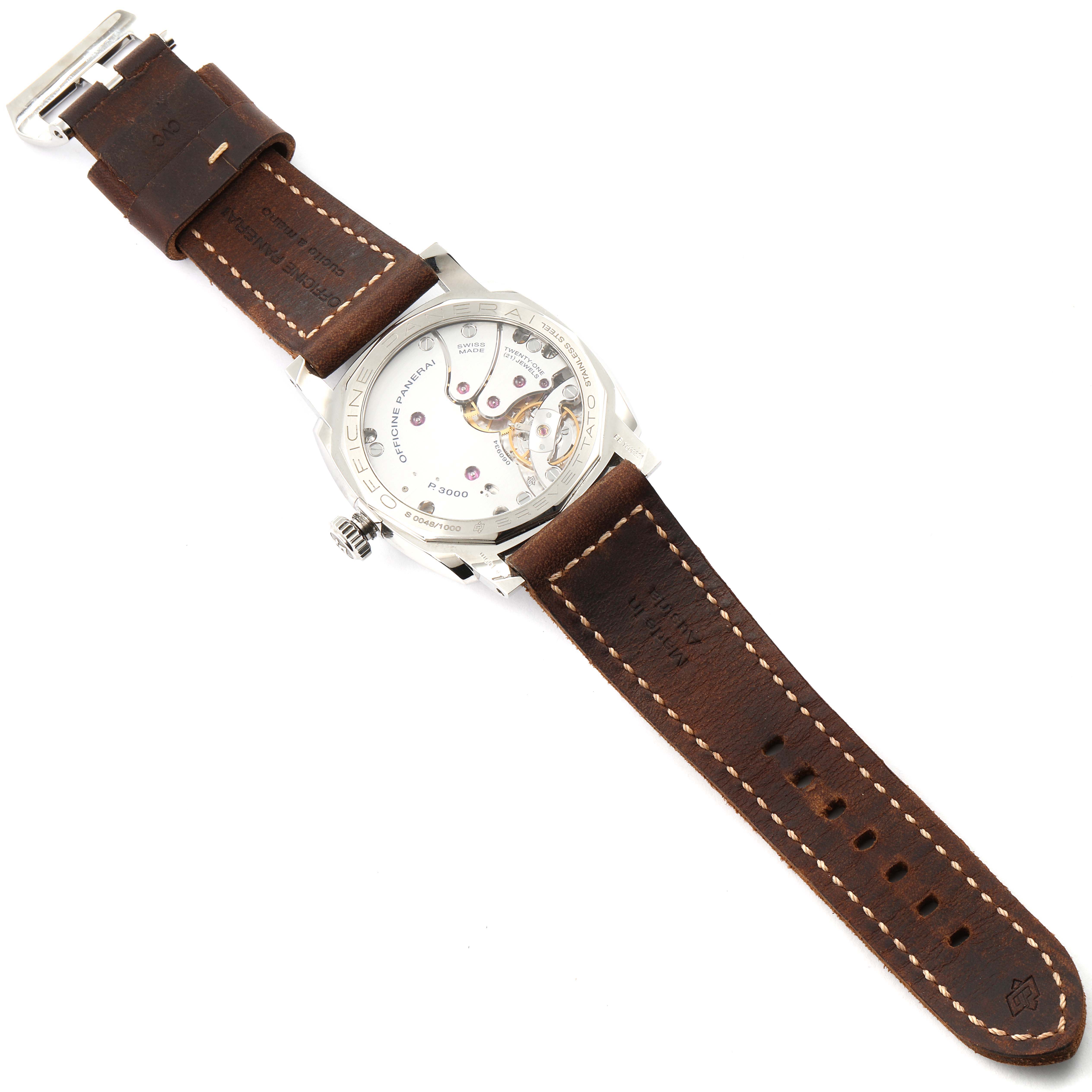 The image shows the back view of the Panerai Radiomir PAM00662 Men's Stainless Steel Brown Dial PAM00662 Men's Stainless Steel Brown Dial watch, highlighting the leather strap and the watch's internal mechanism.