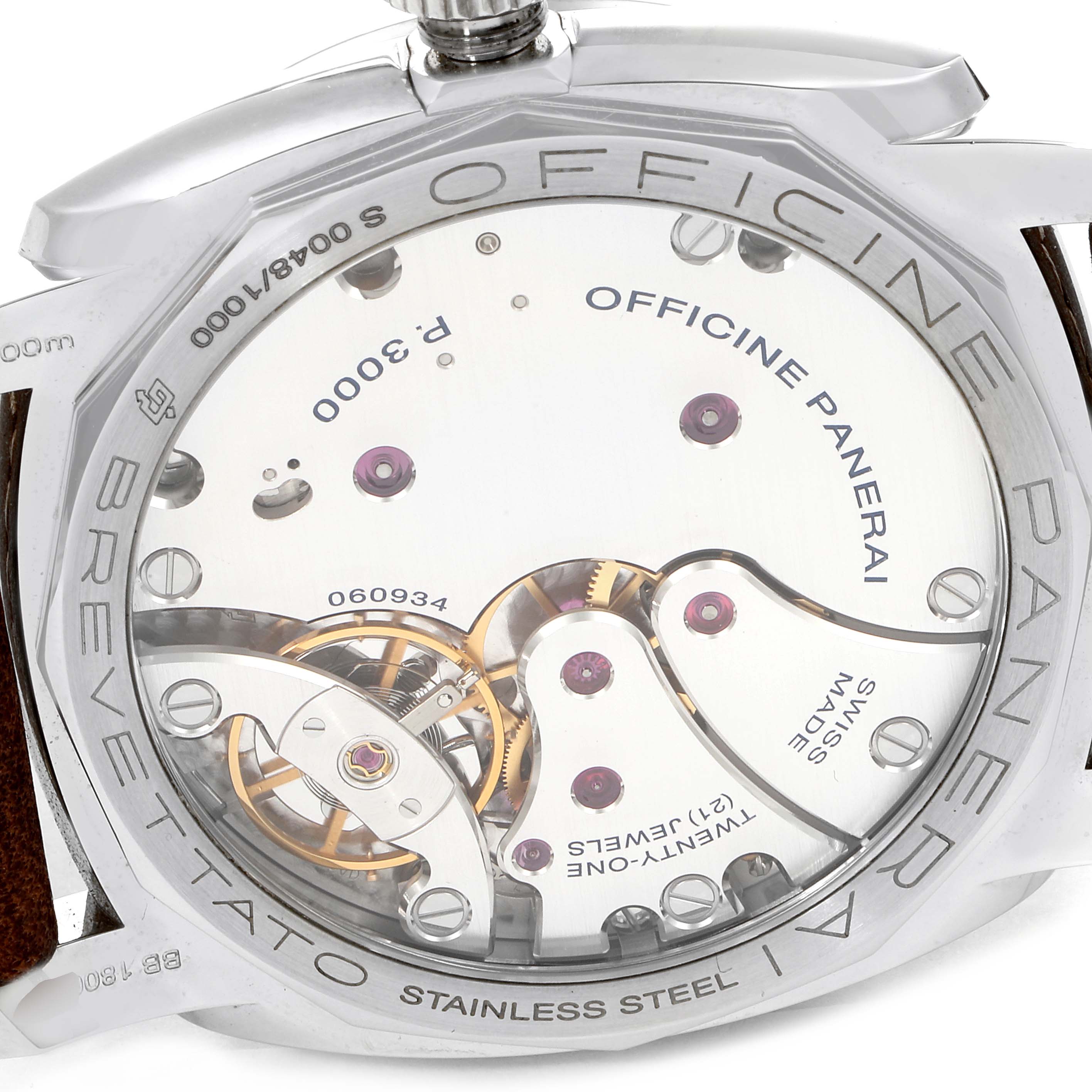 This image shows the back of a Panerai Radiomir PAM00662 Men's Stainless Steel Brown Dial PAM00662 Men's Stainless Steel Brown Dial watch, highlighting its transparent case back and inner mechanical movements.