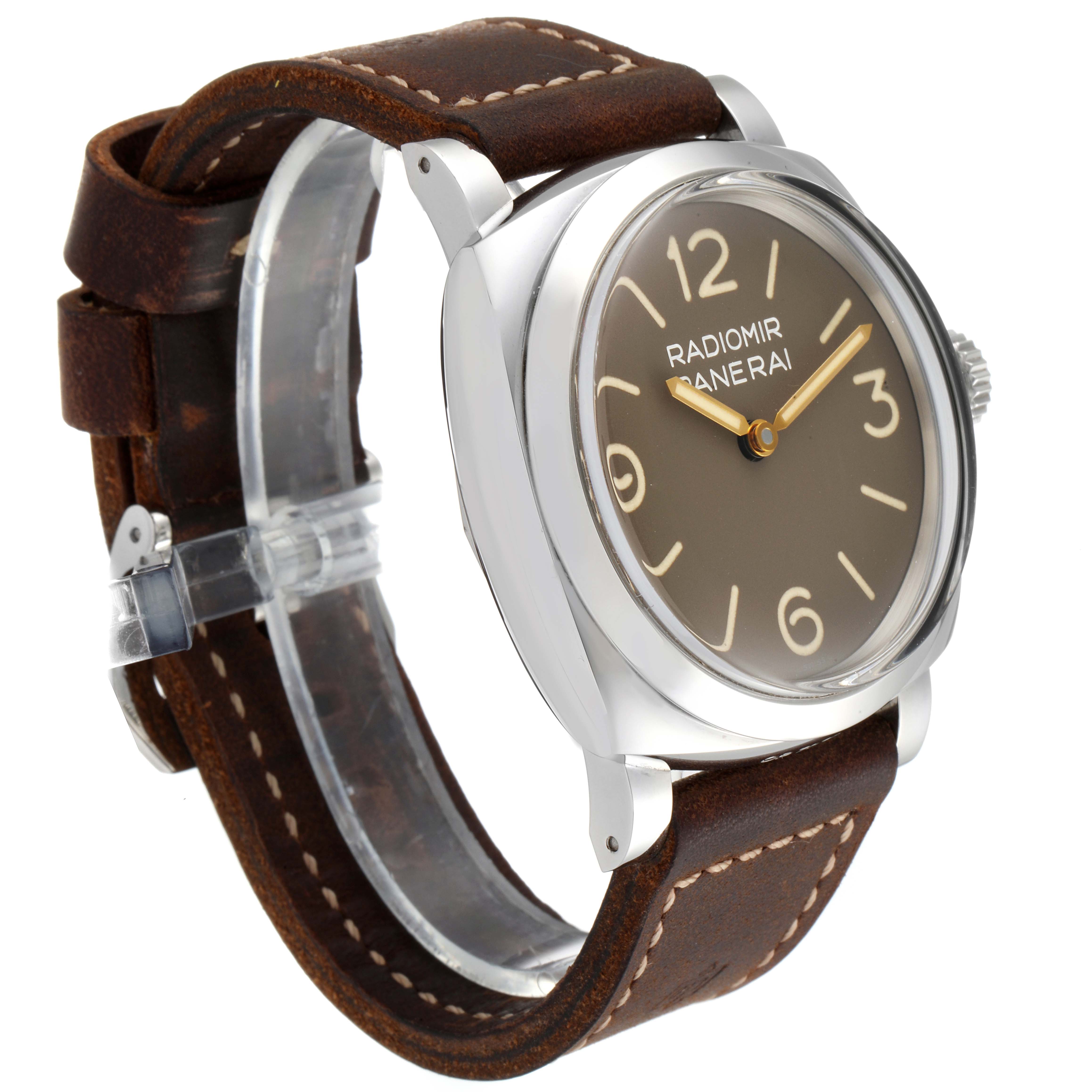 The image shows a Panerai Radiomir PAM00662 Men's Stainless Steel Brown Dial PAM00662 Men's Stainless Steel Brown Dial watch at a slightly angled side view, highlighting the face, crown, and brown leather strap.