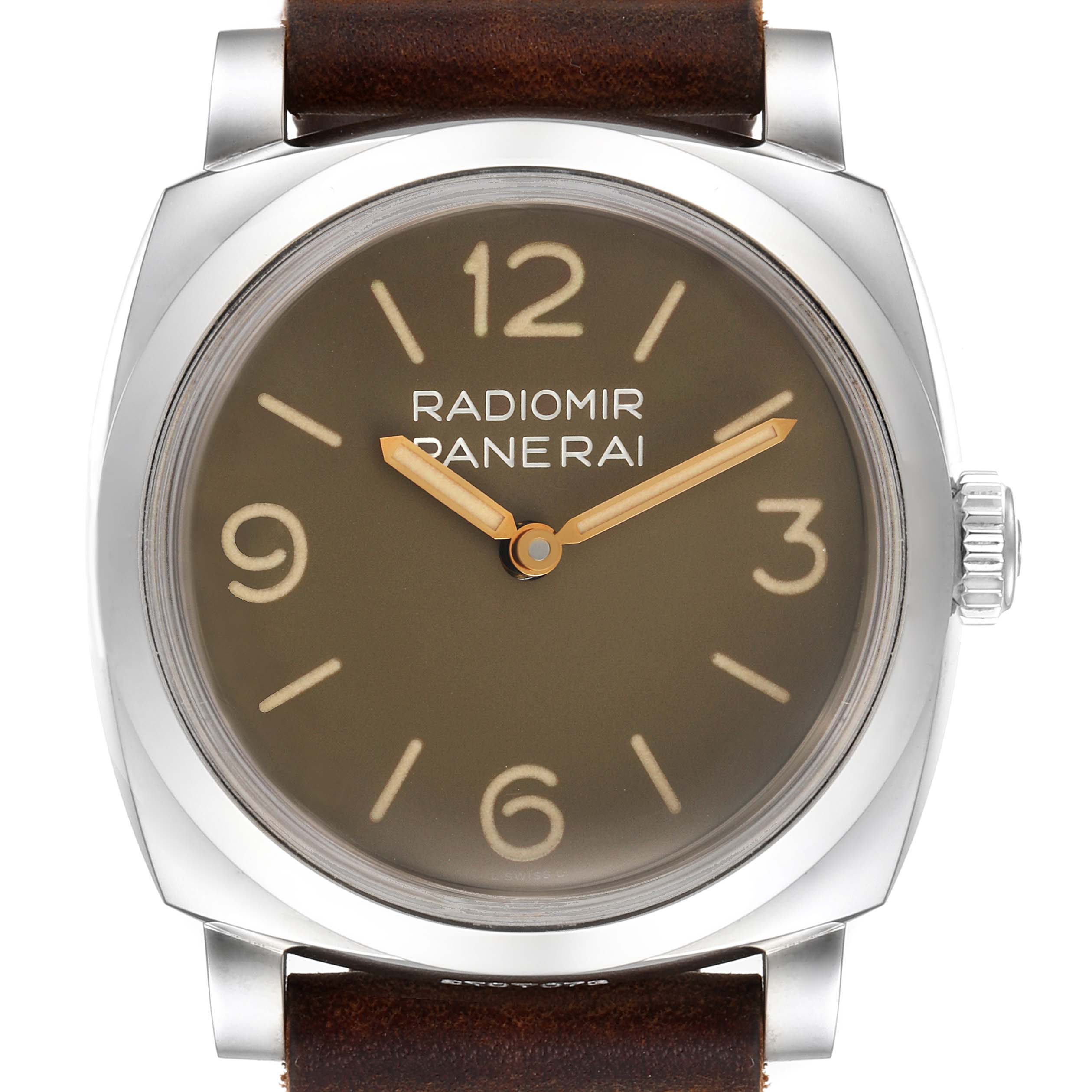 This image shows a frontal view of the Panerai Radiomir PAM00662 Men's Stainless Steel Brown Dial PAM00662 Men's Stainless Steel Brown Dial watch, highlighting its dial, case, and crown.