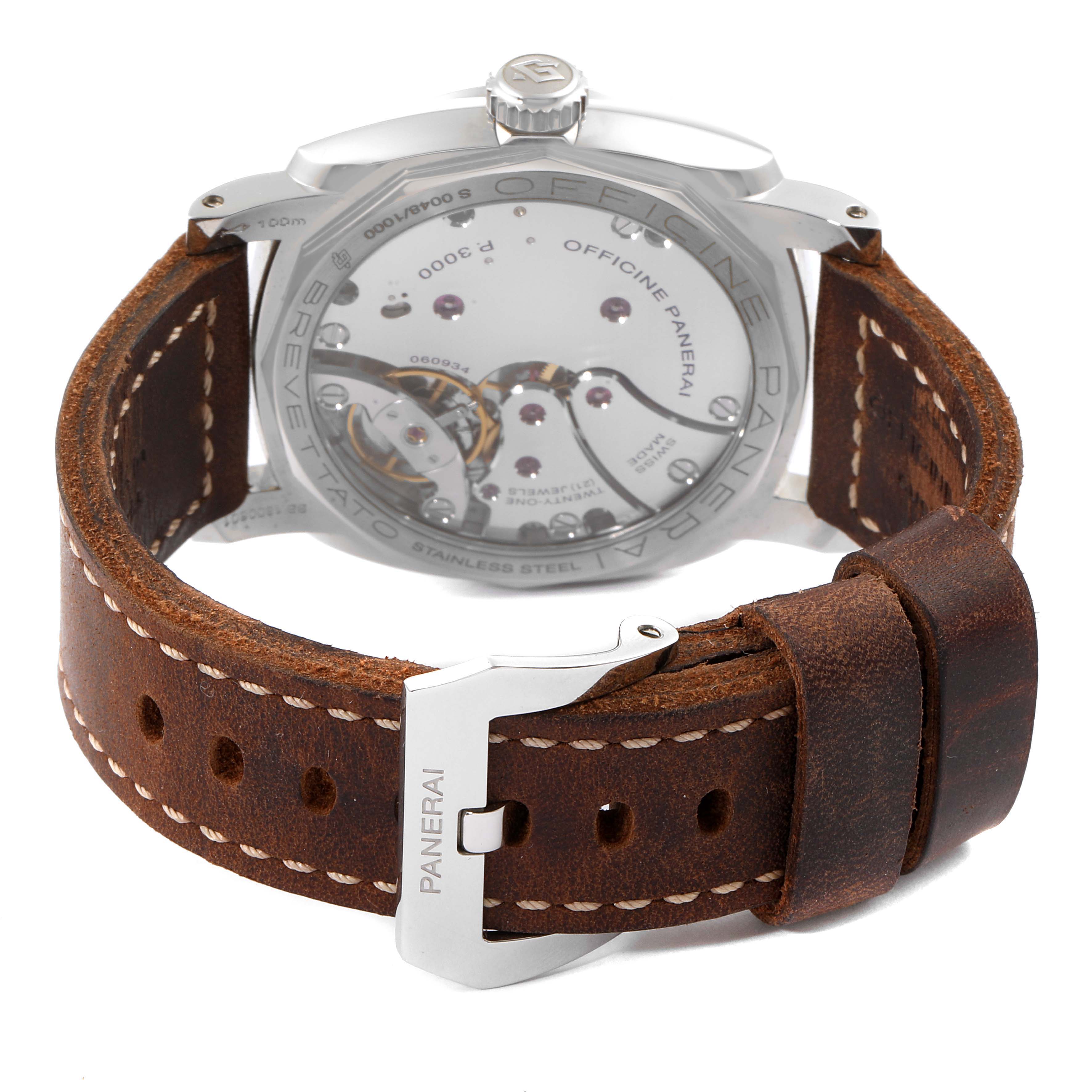 The image shows the back view of a Panerai Radiomir PAM00662 Men's Stainless Steel Brown Dial PAM00662 Men's Stainless Steel Brown Dial watch, highlighting the movement and brown leather strap.