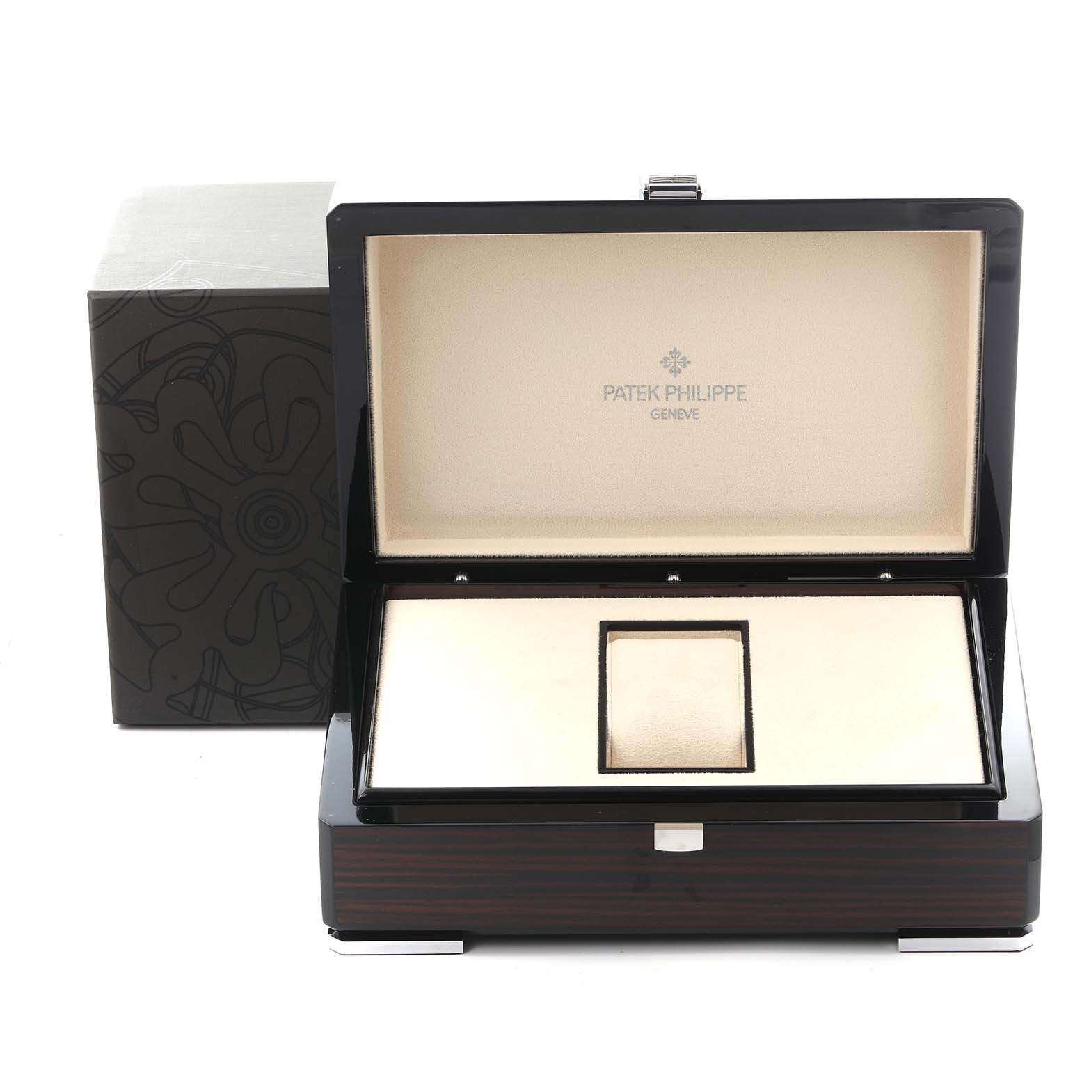 The image shows an open Patek Philippe Aquanaut 5164R Men's Rose Gold Brown Dial 5164R Men's Rose Gold Brown Dial watch box viewed from the front, displaying the interior and brand logo.