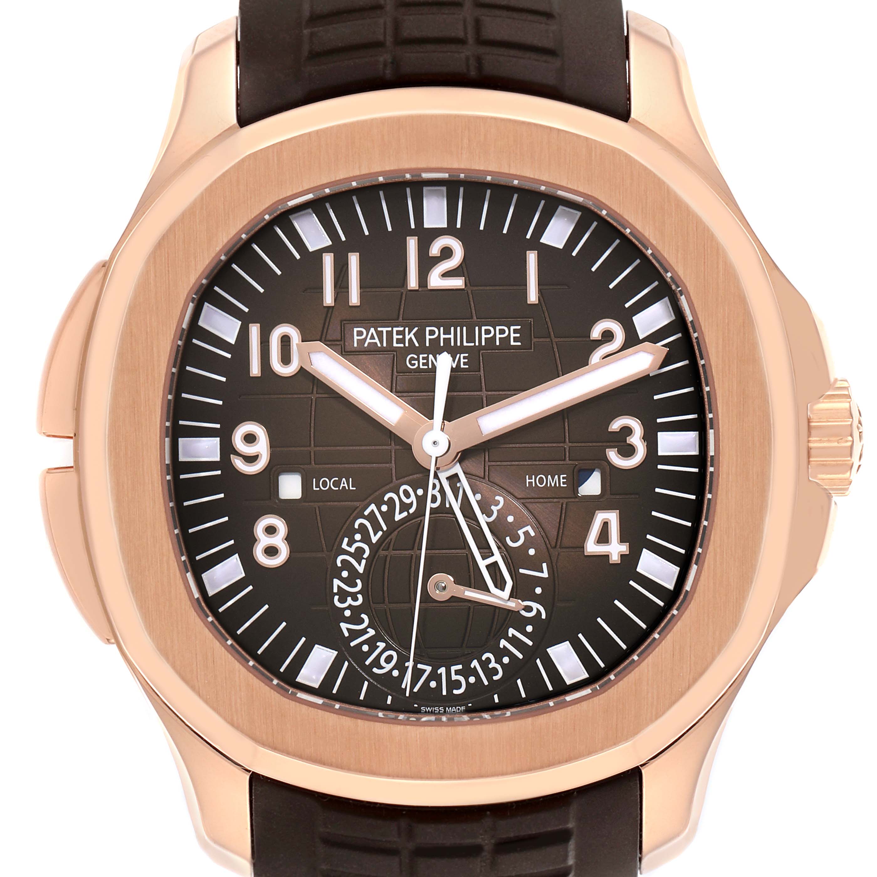 The Patek Philippe Aquanaut 5164R Men's Rose Gold Brown Dial 5164R Men's Rose Gold Brown Dial watch is shown from the front, highlighting its dial, hands, date, and brown strap.
