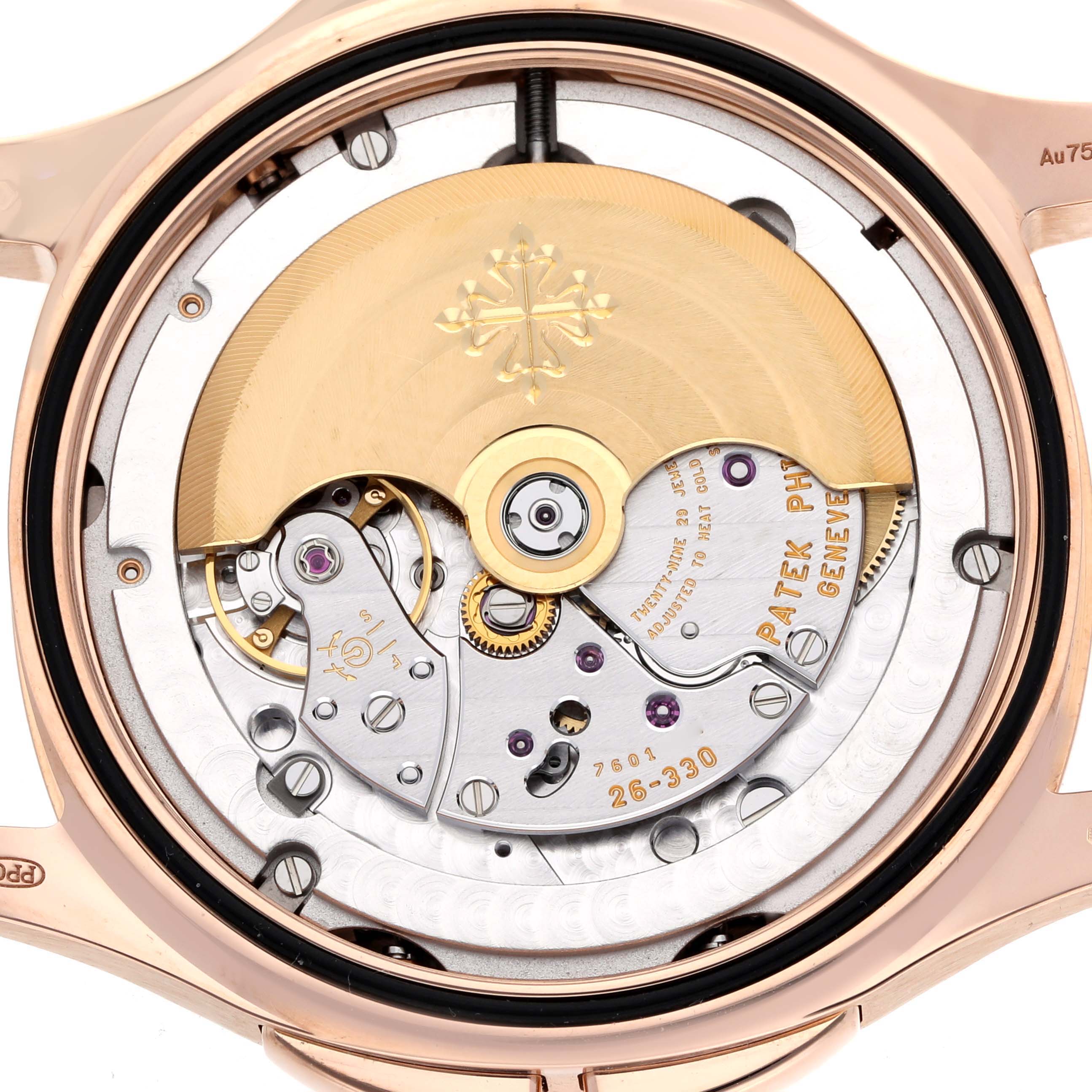 The image shows the case back of a Patek Philippe Aquanaut 5164R Men's Rose Gold Brown Dial 5164R Men's Rose Gold Brown Dial, highlighting its movement mechanics and rotor.