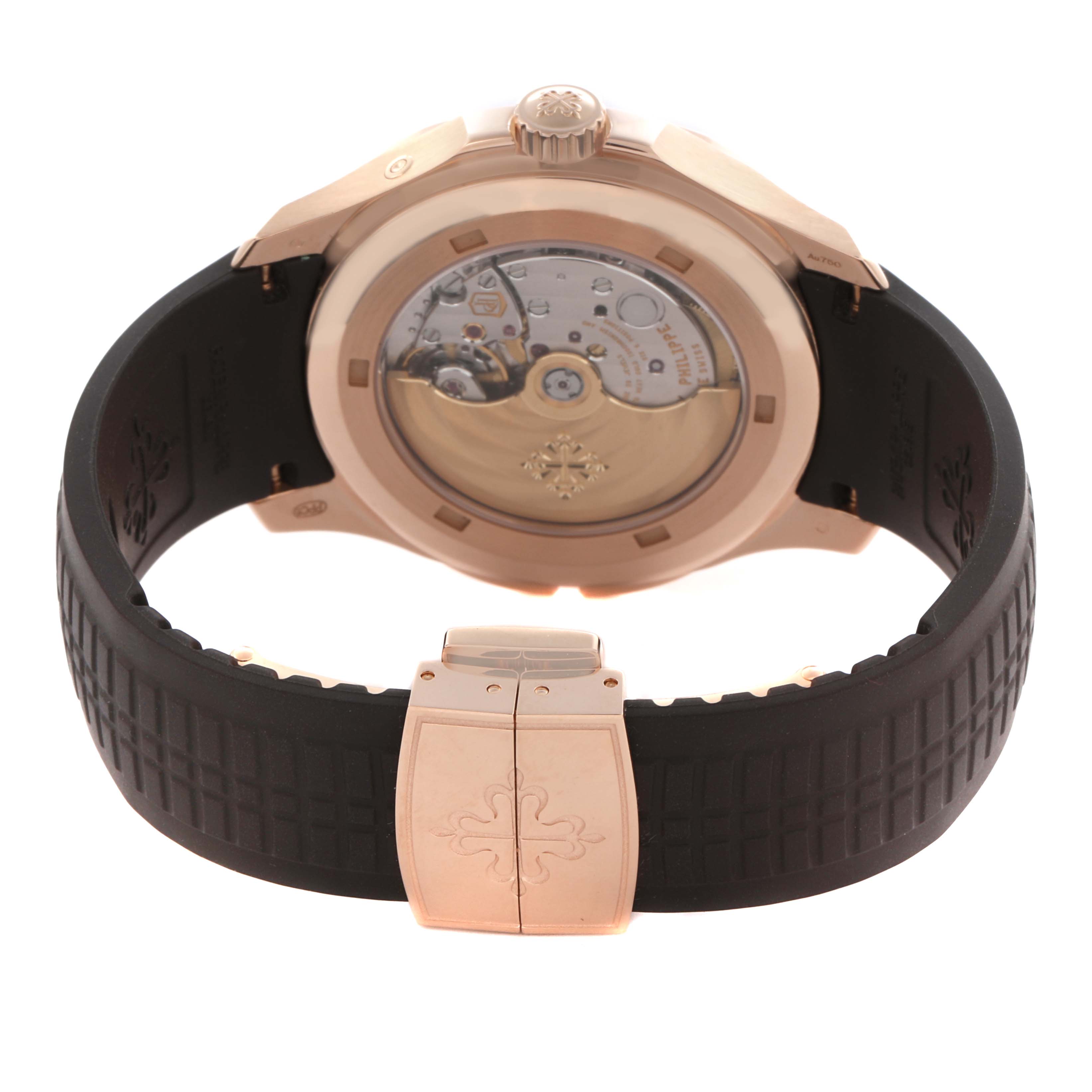 The image shows the back of a Patek Philippe Aquanaut 5164R Men's Rose Gold Brown Dial 5164R Men's Rose Gold Brown Dial watch, highlighting the transparent case back and clasp.