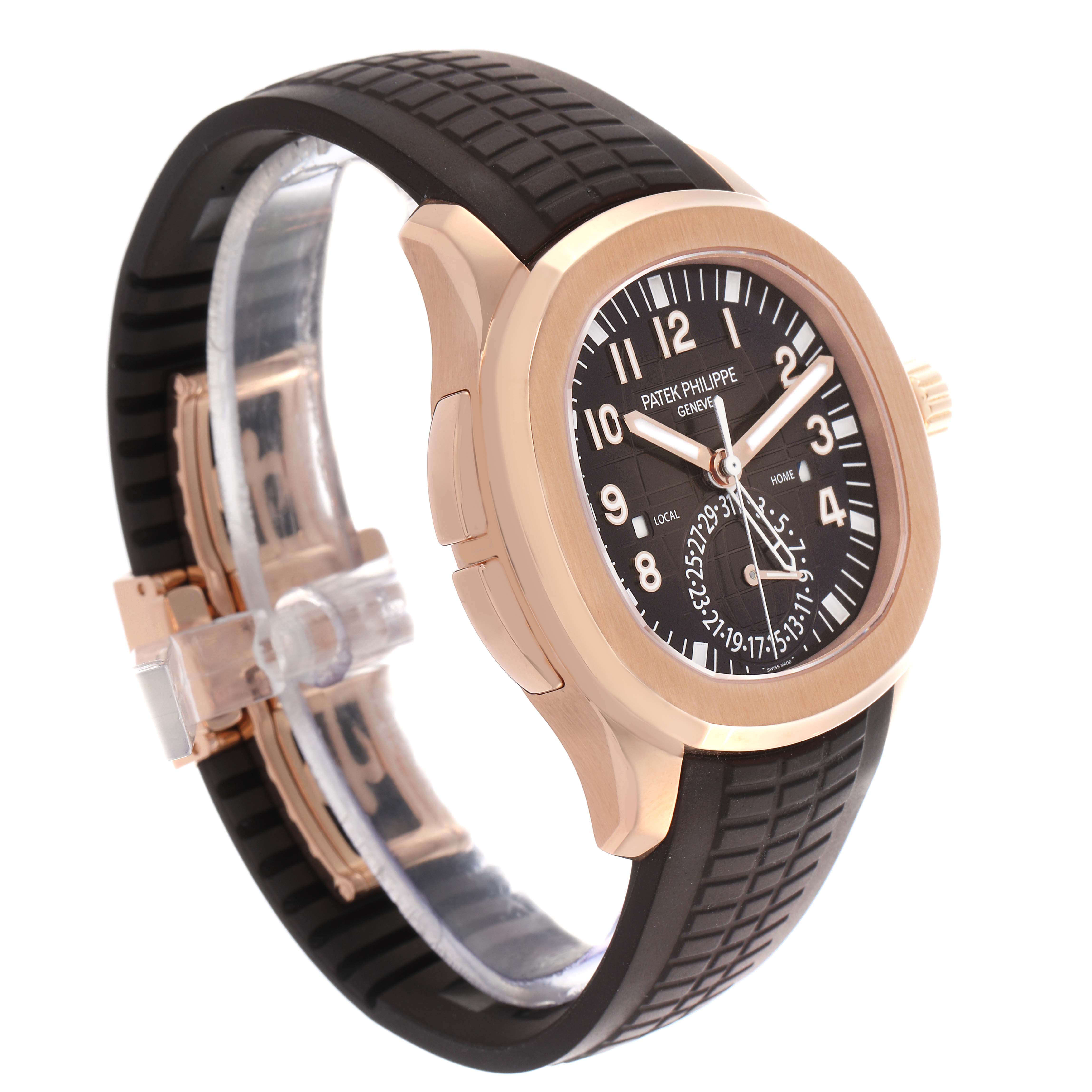 The Patek Philippe Aquanaut 5164R Men's Rose Gold Brown Dial 5164R Men's Rose Gold Brown Dial watch is shown at a three-quarter angle, highlighting the case, dial, and textured strap.