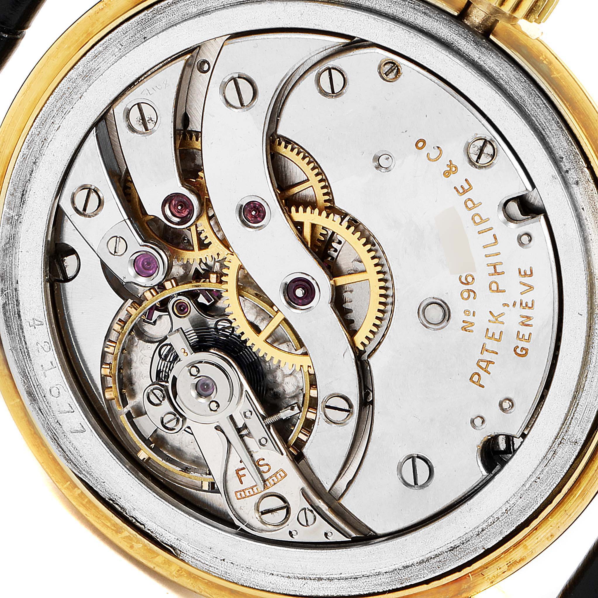 The image shows an internal view of the movement and mechanics of a Vintage Patek Philippe N° 96 watch.