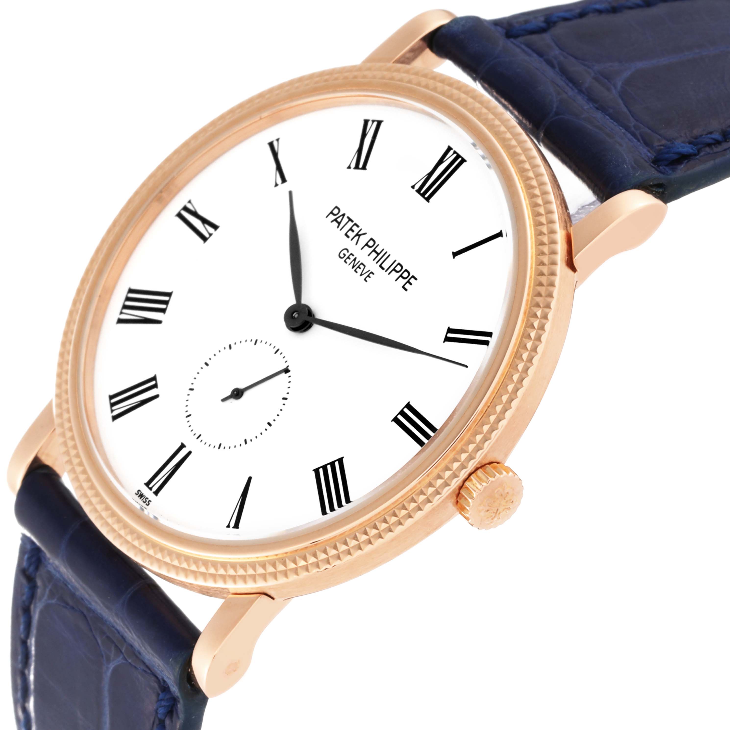 The image shows a close-up, angled view of the dial, bezel, crown, and part of the strap of a Patek Philippe Calatrava 5119R Men's Rose Gold White Dial 5119R Men's Rose Gold White Dial watch.