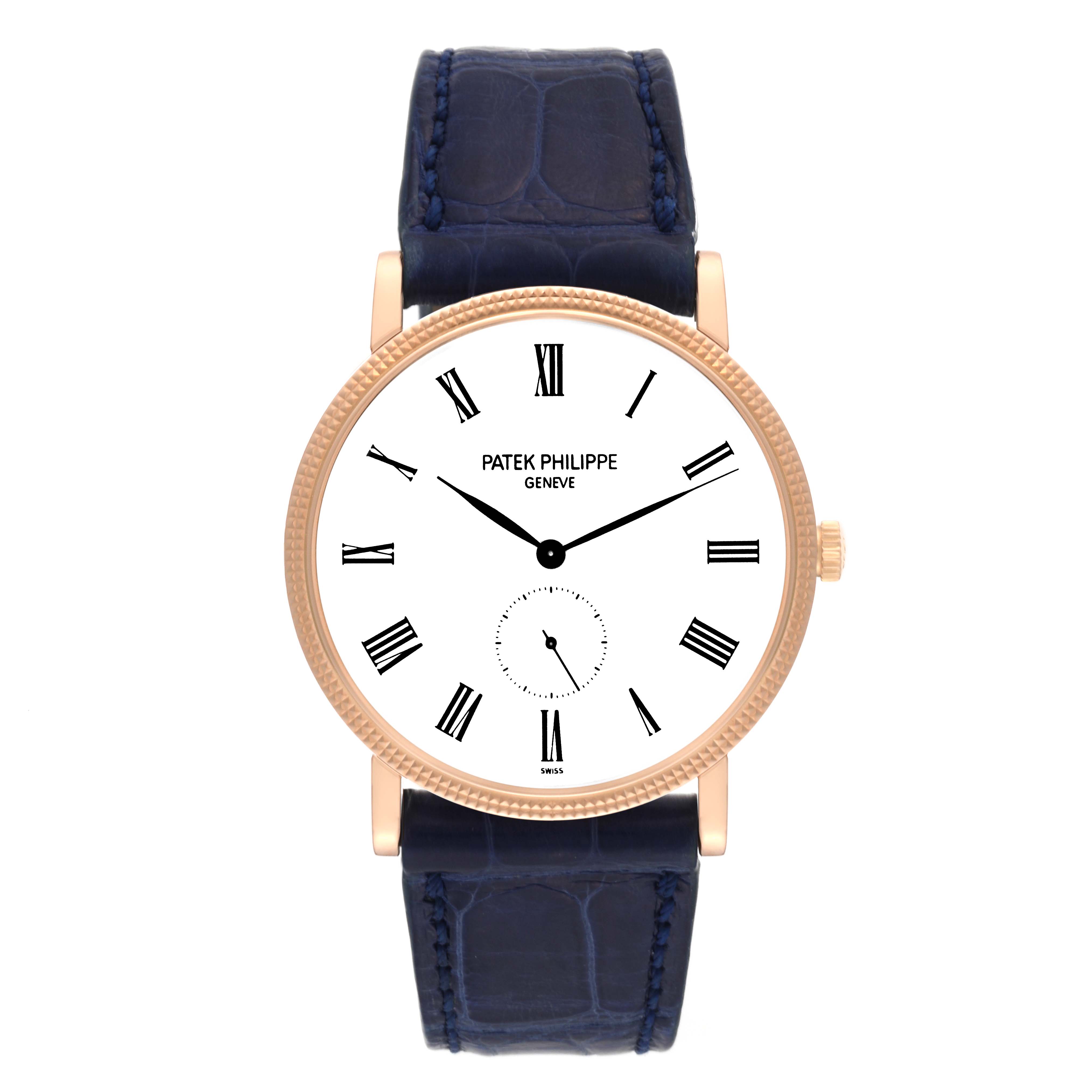 This image shows a frontal view of the Patek Philippe Calatrava 5119R Men's Rose Gold White Dial 5119R Men's Rose Gold White Dial watch, revealing the face, bezel, crown, and strap.
