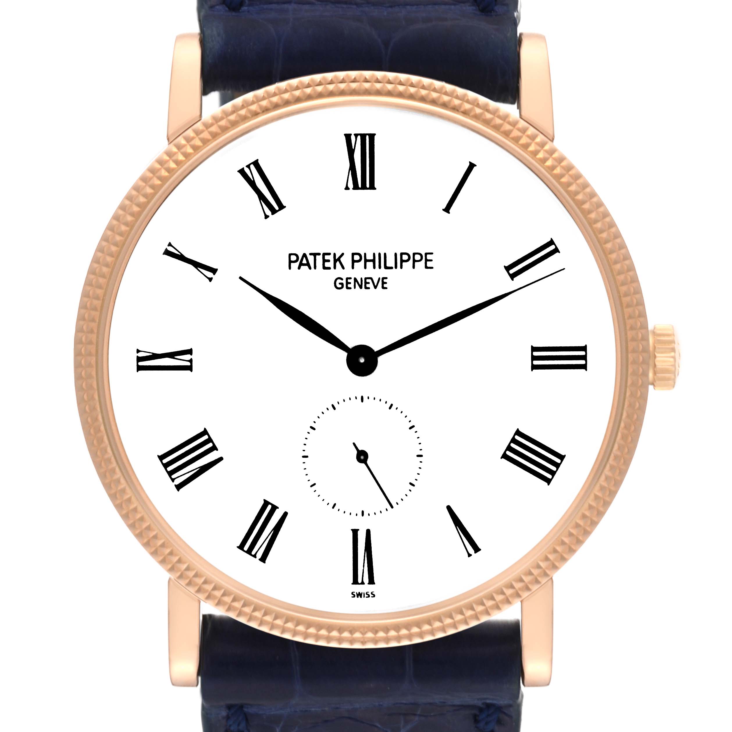 This image shows a front view of a Patek Philippe Calatrava 5119R Men's Rose Gold White Dial 5119R Men's Rose Gold White Dial watch, featuring the dial, hands, case, and partial strap.