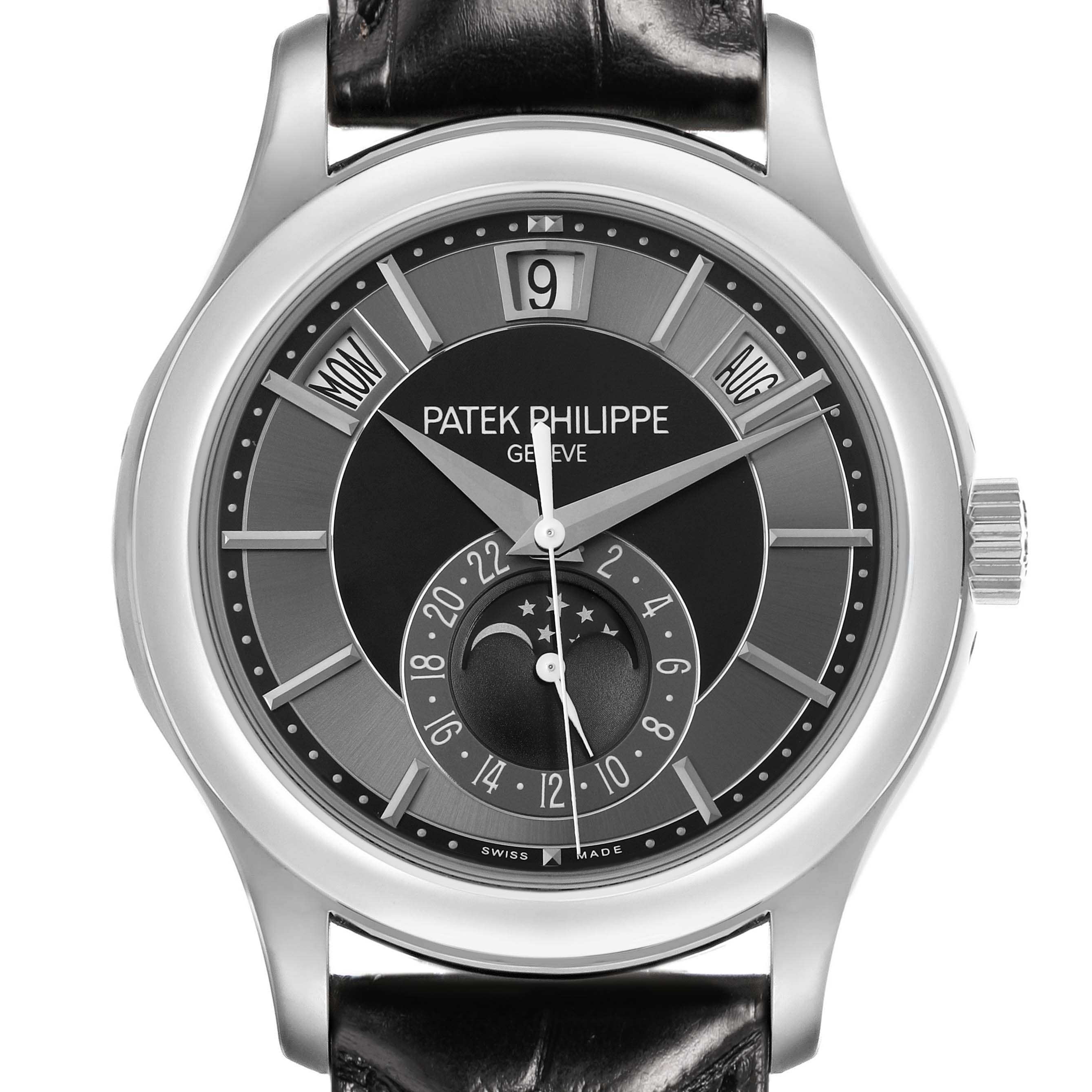 The image shows a front view of the Patek Philippe Complications 5205G-010 Men's White Gold Grey Dial watch, highlighting its dial, hands, and crown.