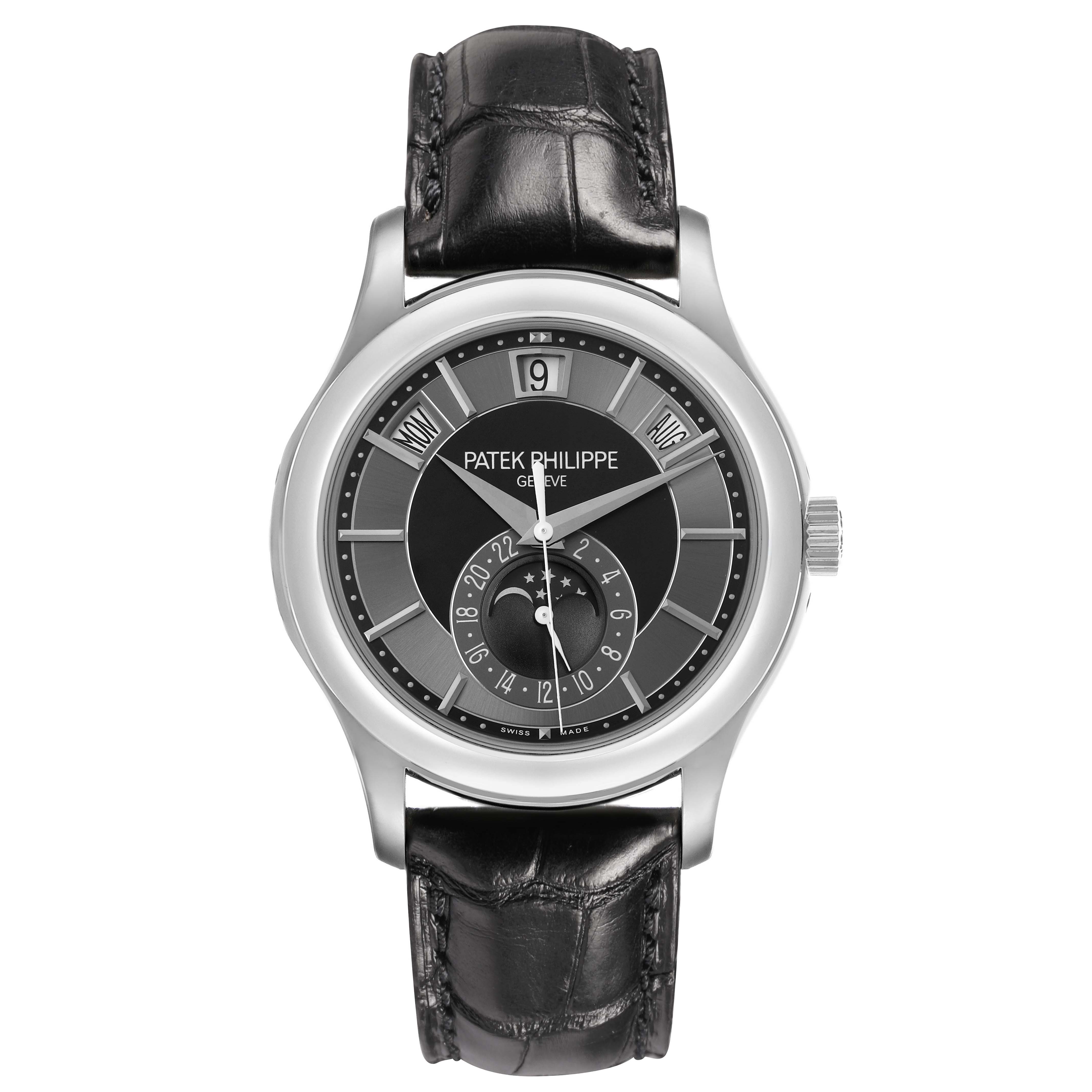 The Patek Philippe Complications 5205G-010 Men's White Gold Grey Dial watch is shown from a front angle, displaying the entire face and black leather strap.