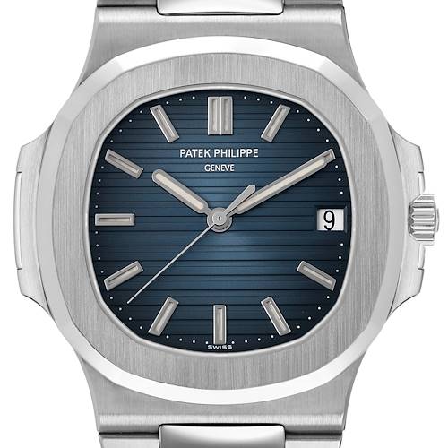 The Patek Philippe Nautilus 5711/1A-001 Men's Stainless Steel Blue Dial watch is shown from a front angle, highlighting its dial, bezel, and stainless steel bracelet.