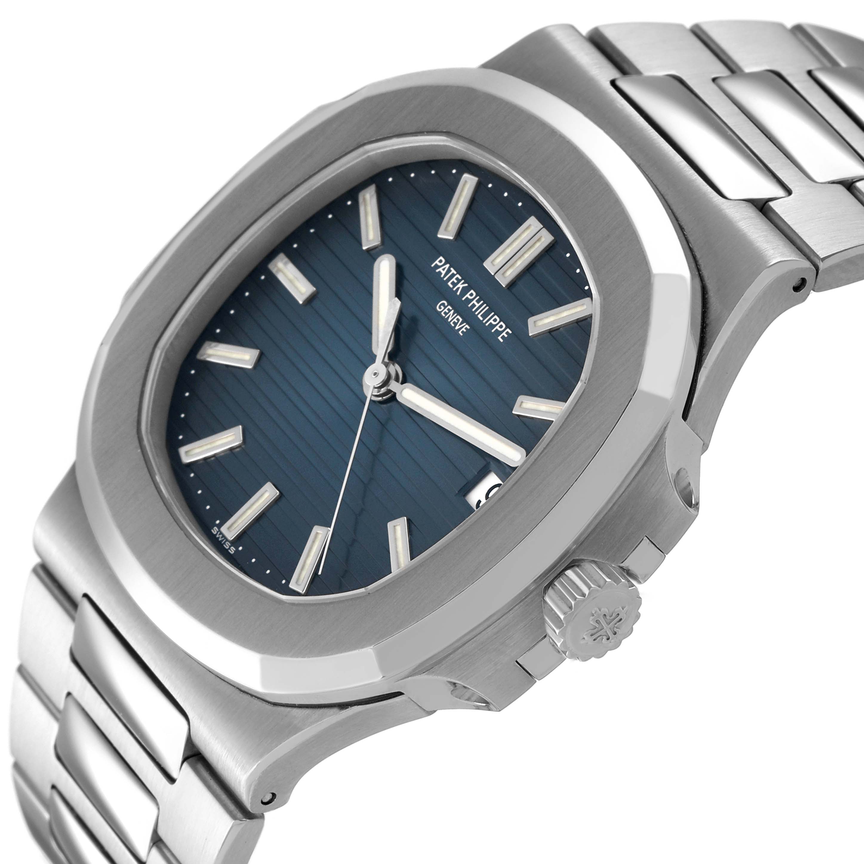 The Patek Philippe Nautilus 5711/1A-001 Men's Stainless Steel Blue Dial watch is shown at a three-quarter angle, highlighting the blue dial, case, and part of the bracelet.