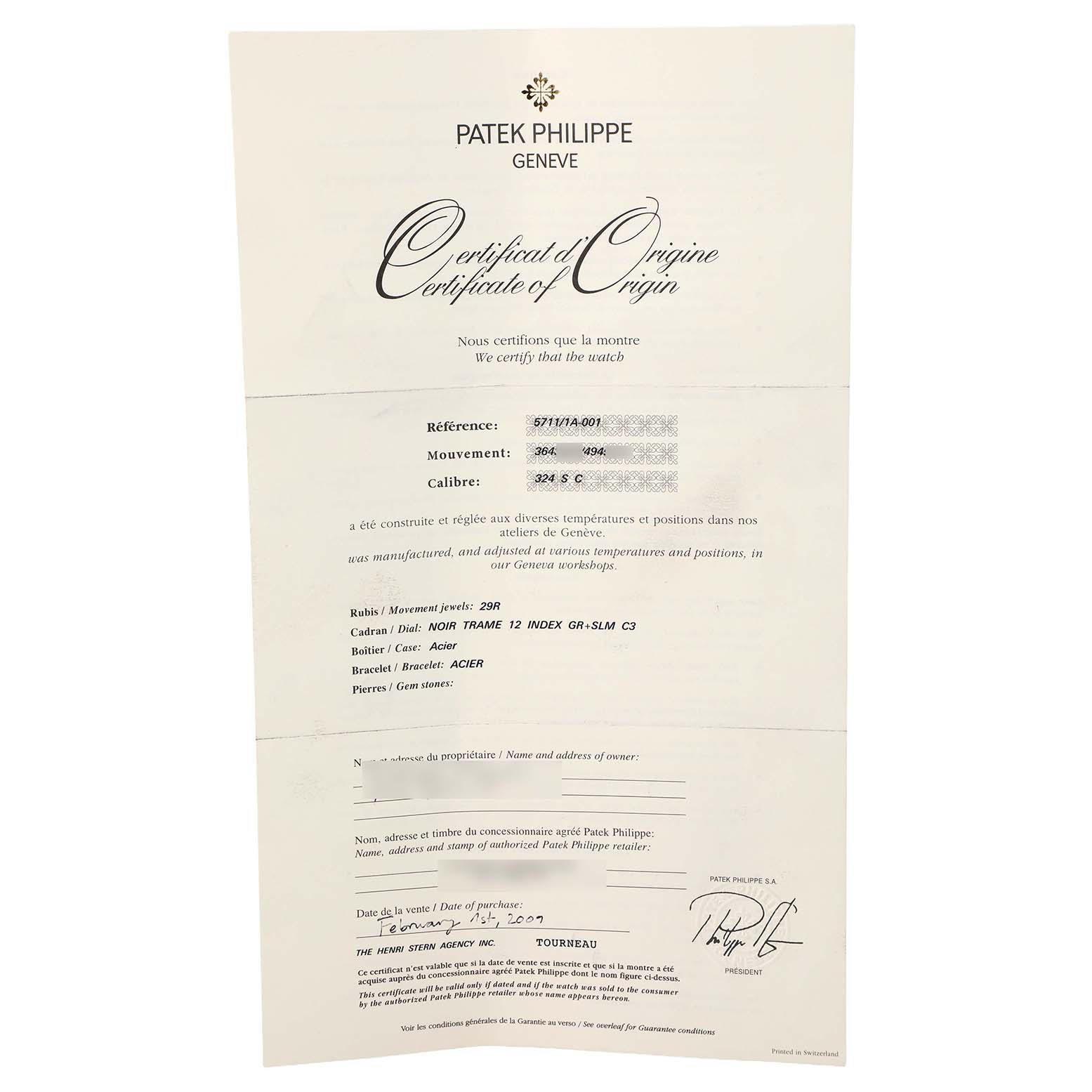 This image shows the Certificate of Origin for a Patek Philippe Nautilus 5711/1A-001 Men's Stainless Steel Blue Dial watch, detailing its reference, movement, and caliber.