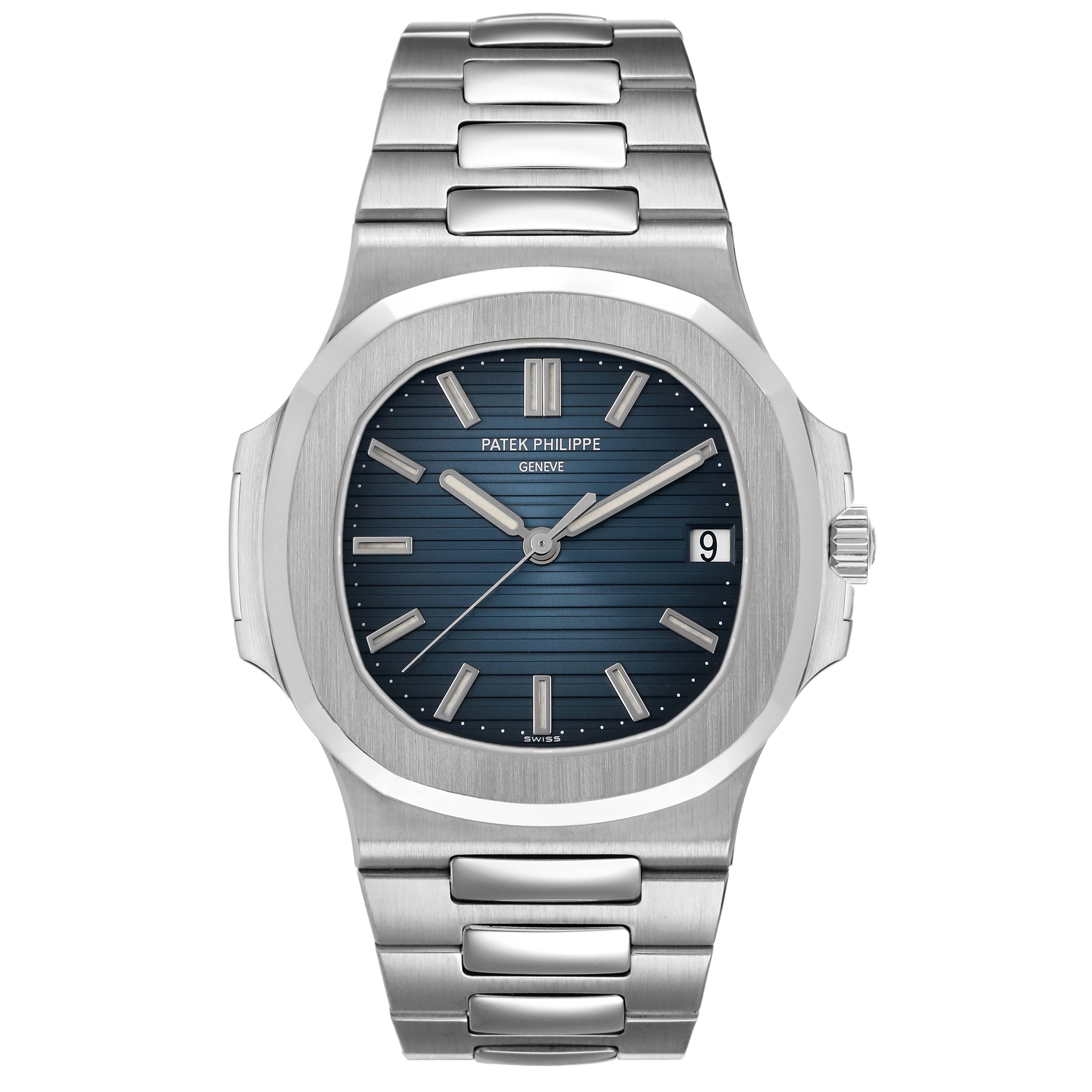 The Patek Philippe Nautilus 5711/1A-001 Men's Stainless Steel Blue Dial watch is shown from a front angle, displaying its blue dial, silver indices, hands, and metal bracelet.