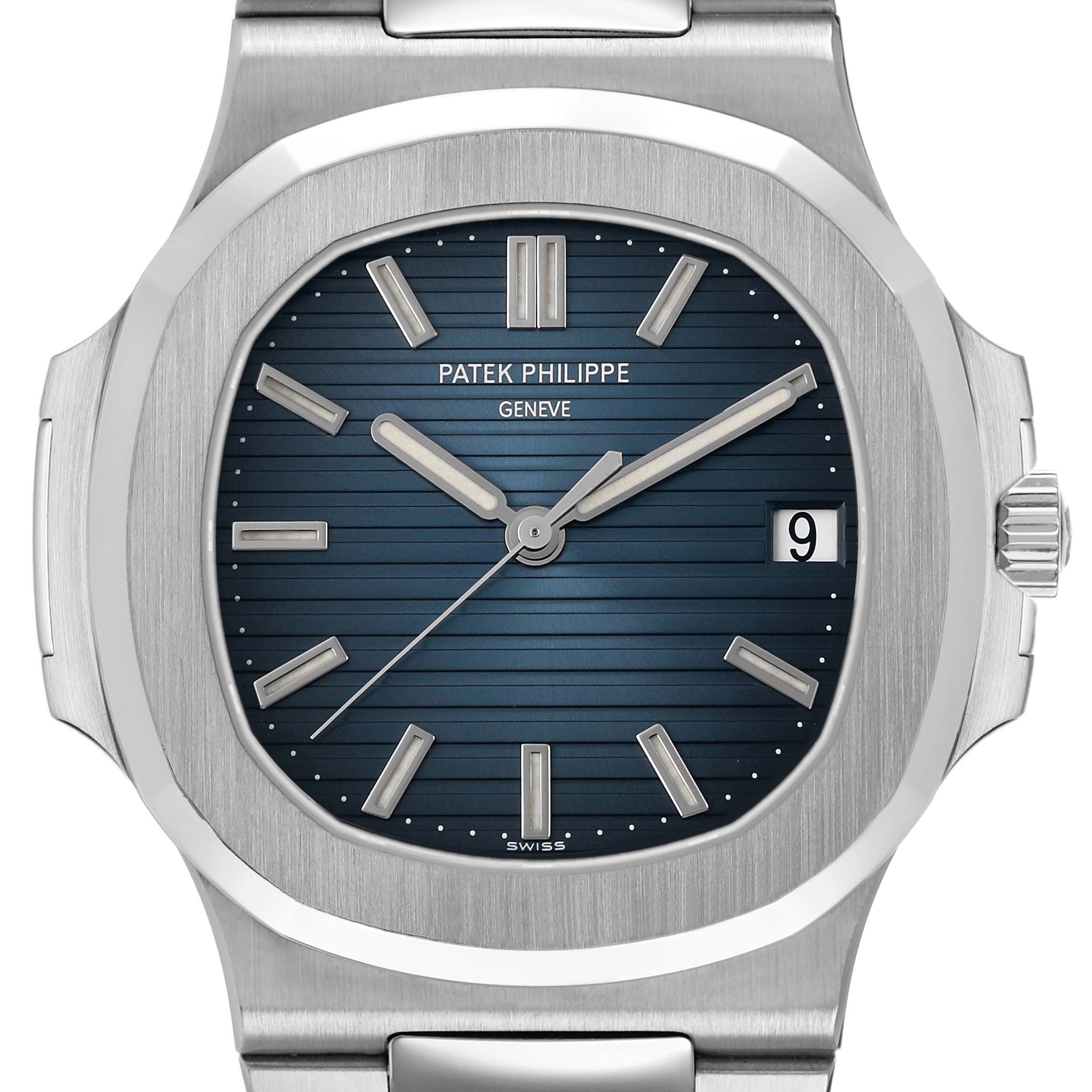 This image shows a front view of the Patek Philippe Nautilus 5711/1A-001 Men's Stainless Steel Blue Dial watch, highlighting the dial, hands, and date display.