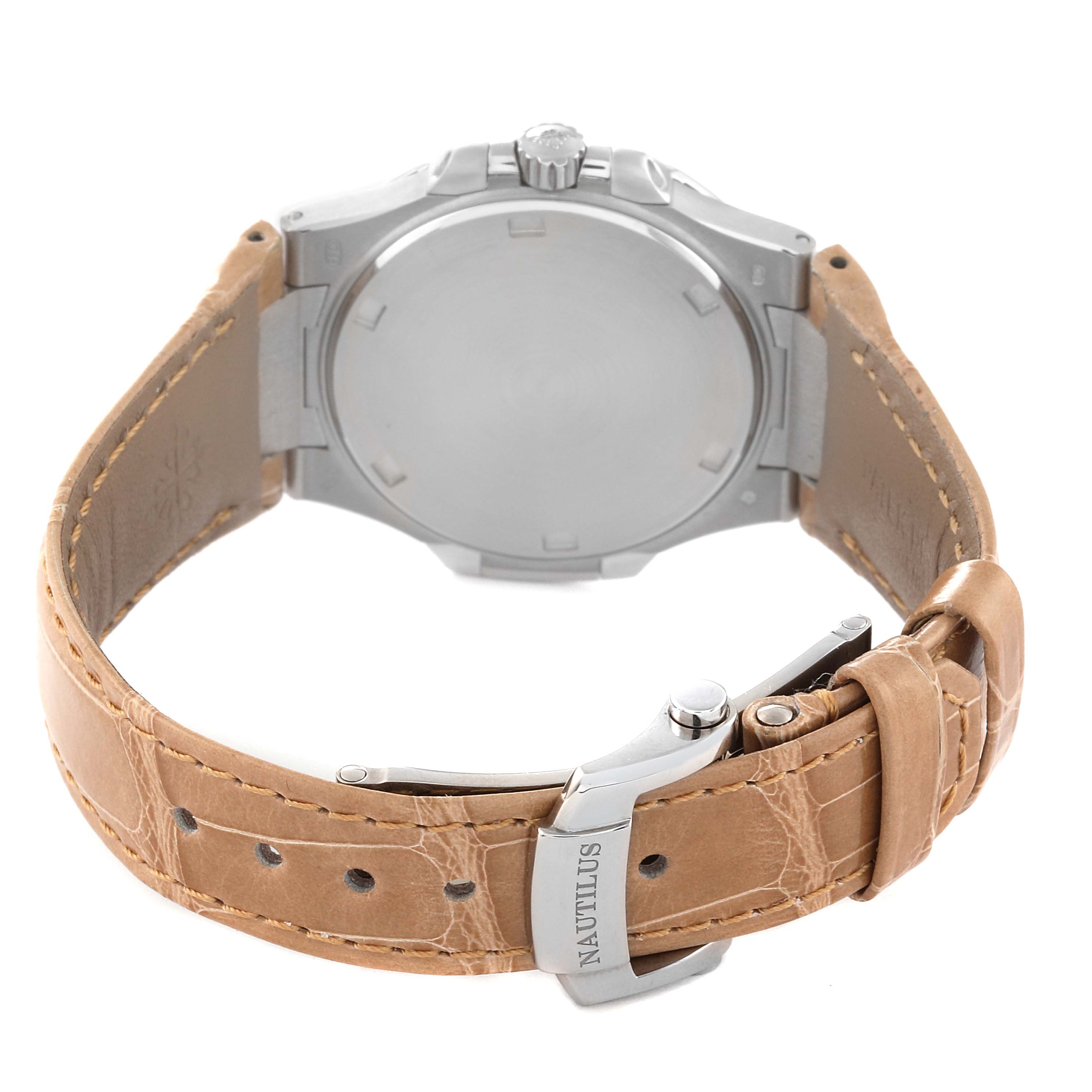 This image shows the back and clasp of a Patek Philippe Nautilus 7010G Women's White Gold Silver Dial 7010G Women's White Gold Silver Dial watch from a rear angle.