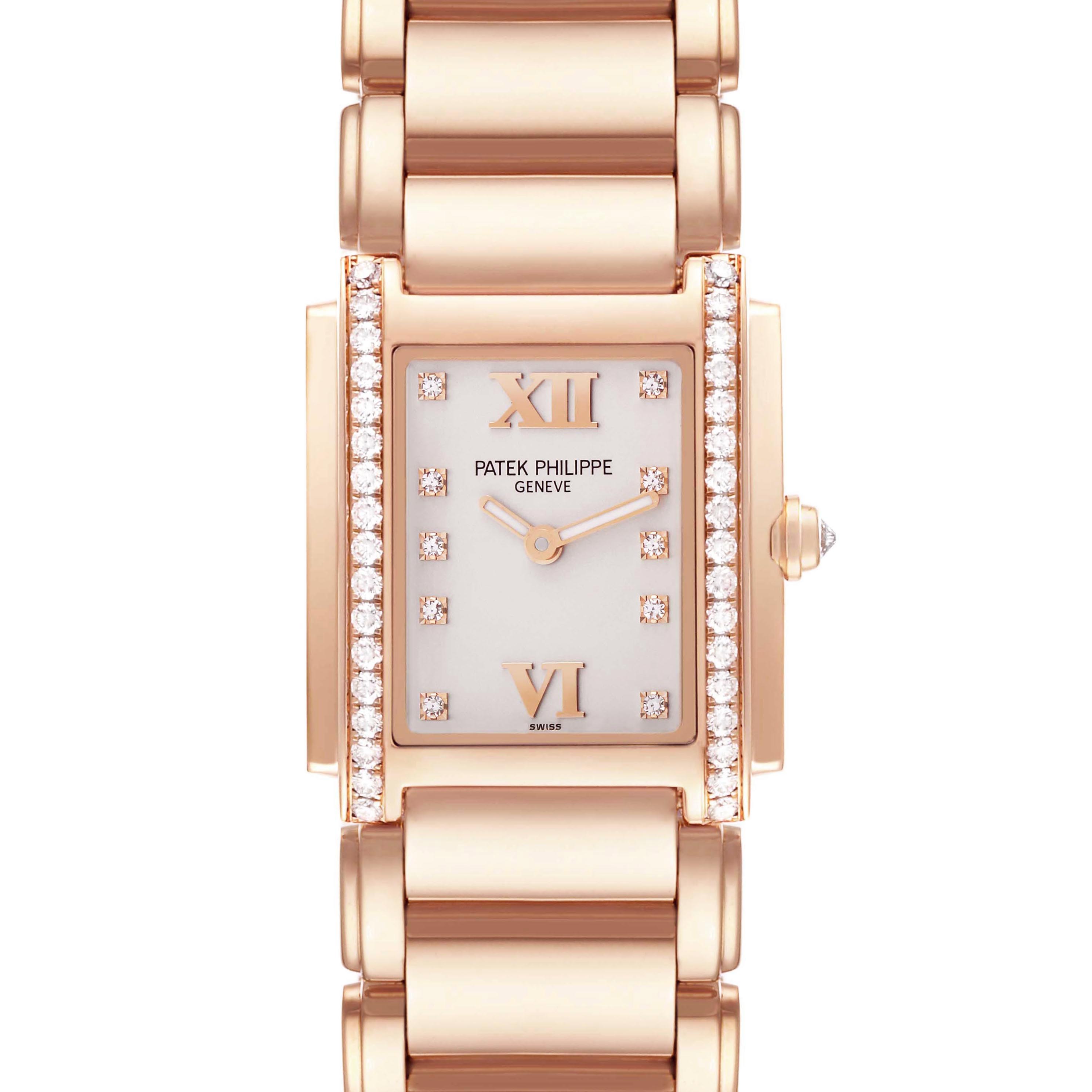 The image shows a front view of the Patek Philippe Twenty-4 4910/11R-011 Women's Rose Gold Silver Dial 4910/11R-011 Women's Rose Gold Silver Dial watch, highlighting its face, bezel, and bracelet.