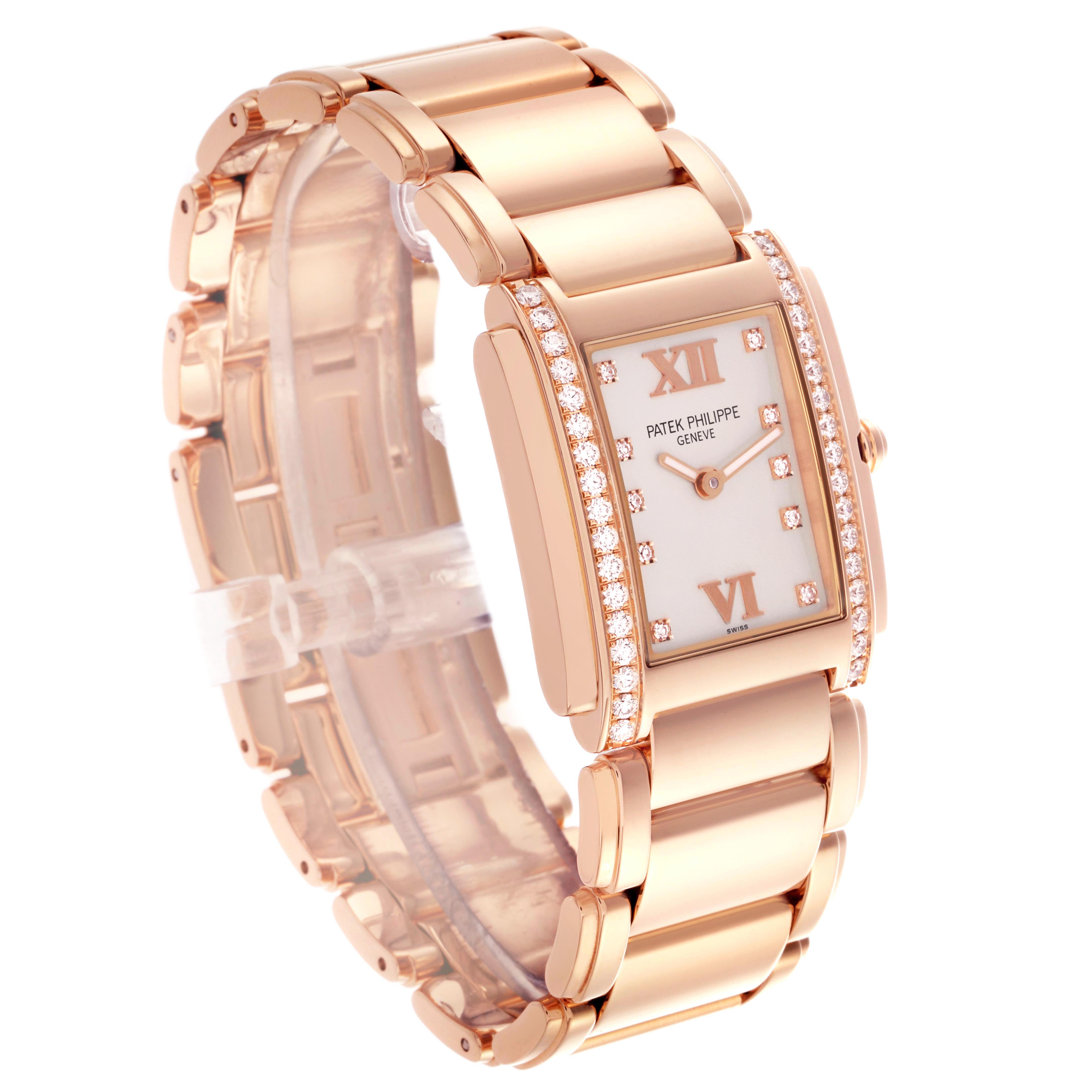 The Patek Philippe Twenty-4 4910/11R-011 Women's Rose Gold Silver Dial 4910/11R-011 Women's Rose Gold Silver Dial watch is shown at a three-quarter angle, highlighting the bracelet and diamond-encrusted rectangular case.