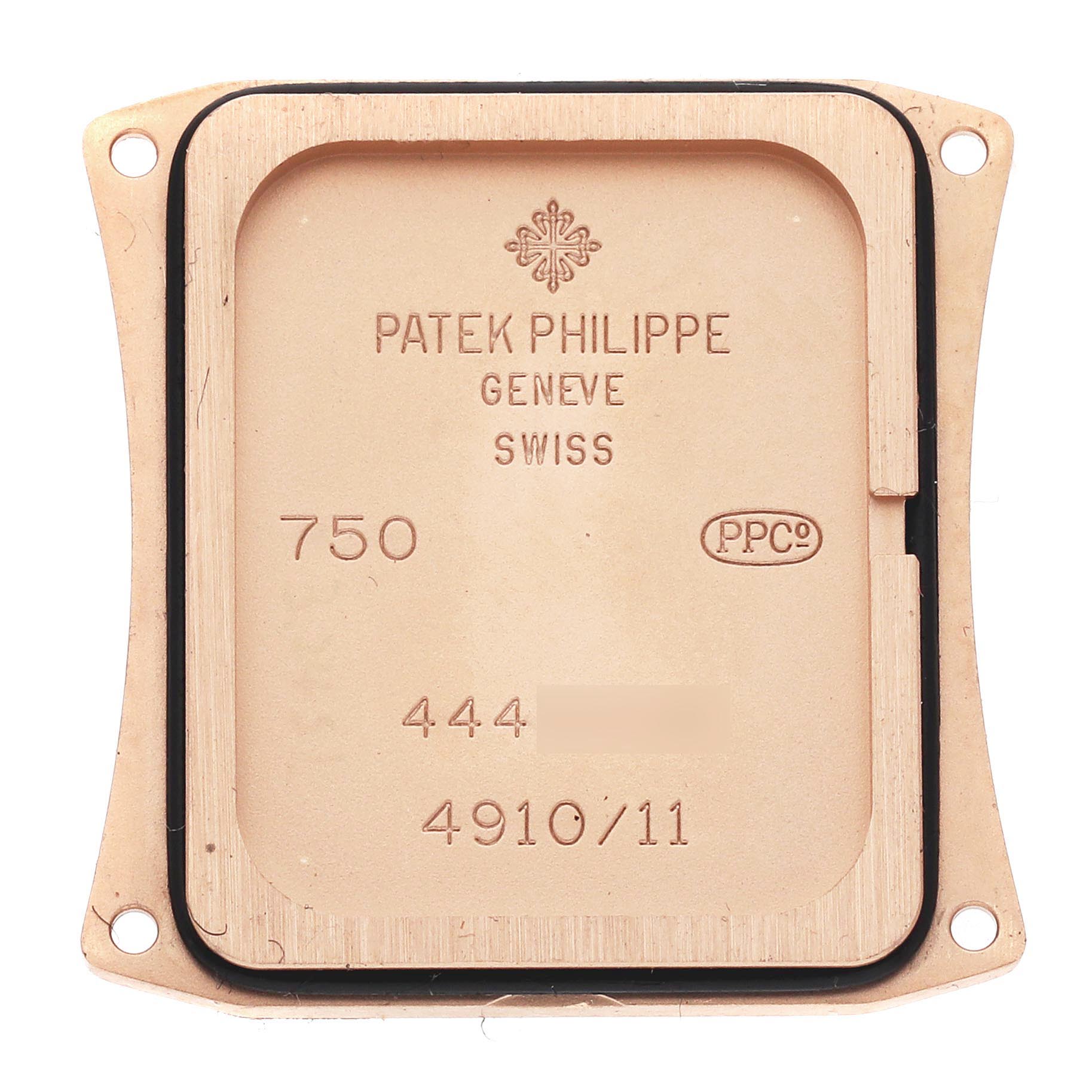 The image shows the back cover of a Patek Philippe Twenty-4 4910/11R-011 Women's Rose Gold Silver Dial 4910/11R-011 Women's Rose Gold Silver Dial watch, including engraving details.