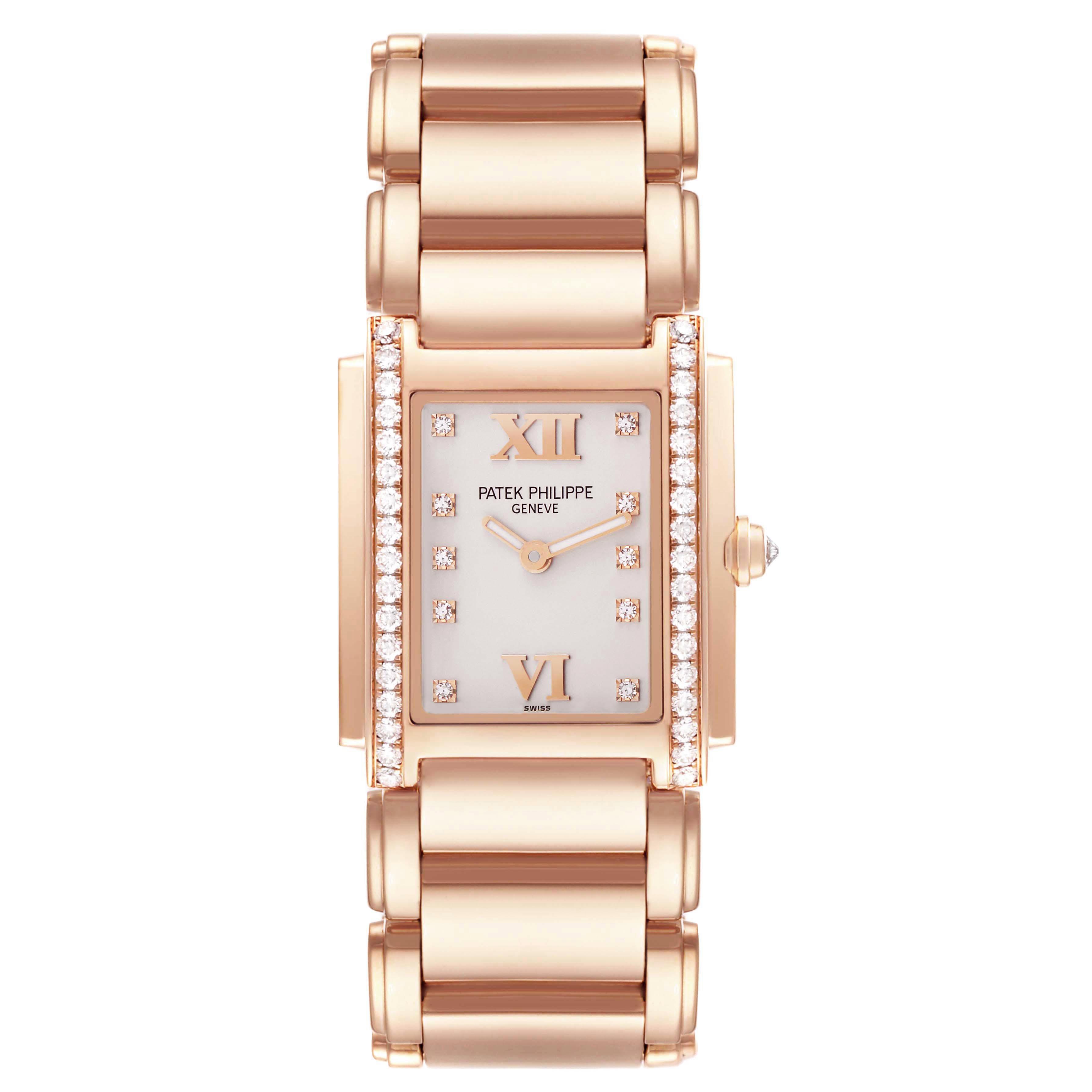 The Patek Philippe Twenty-4 4910/11R-011 Women's Rose Gold Silver Dial 4910/11R-011 Women's Rose Gold Silver Dial watch is shown from a front angle, highlighting the face, bezel, and bracelet.