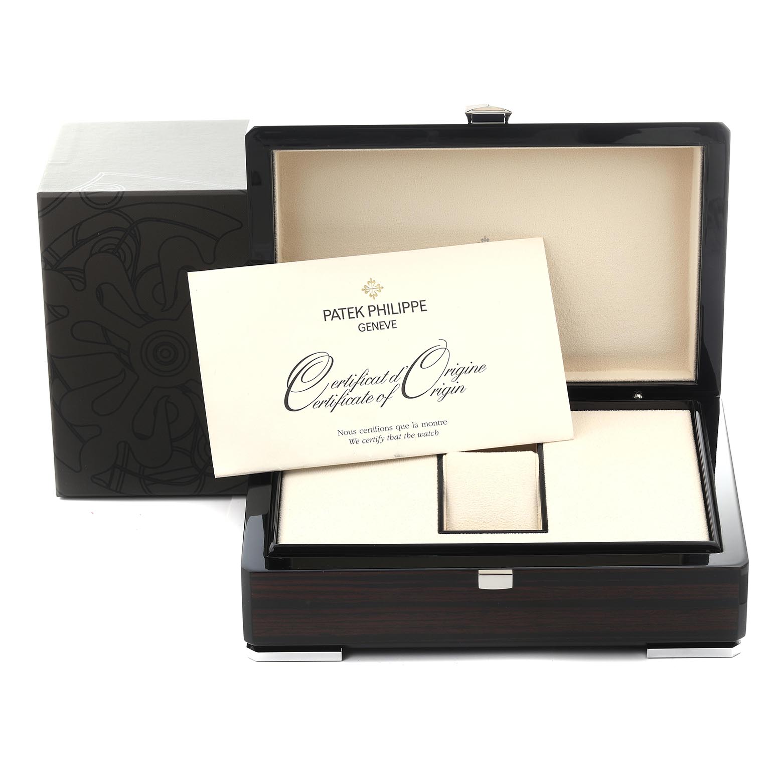 The image shows an open Patek Philippe Twenty-4 4910/11R-011 Women's Rose Gold Silver Dial 4910/11R-011 Women's Rose Gold Silver Dial watch box and a Certificate of Origin, with a side-angle view.