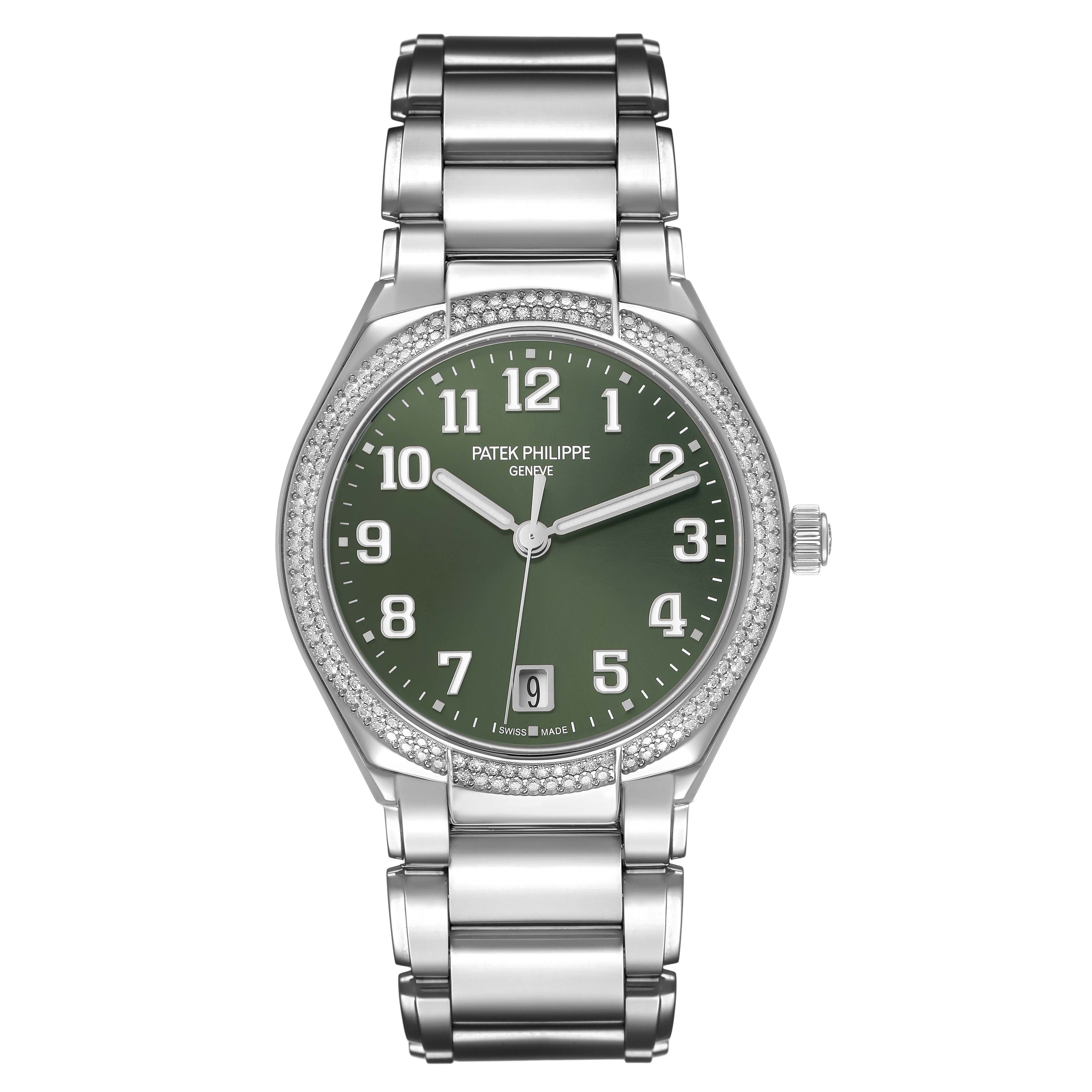 The Patek Philippe Twenty-4 7300/1200A-011 Women's Stainless Steel Green Dial watch is shown in a front view, highlighting the dial, bezel, bracelet, and crown.
