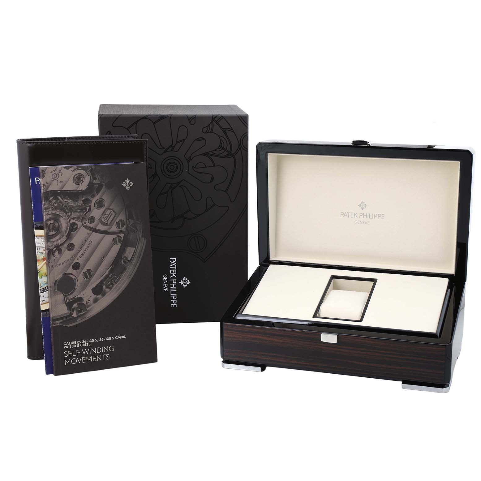 The image shows a Patek Philippe Twenty-4 7300/1200A-011 Women's Stainless Steel Green Dial model box, booklet, and packaging at a front angle.