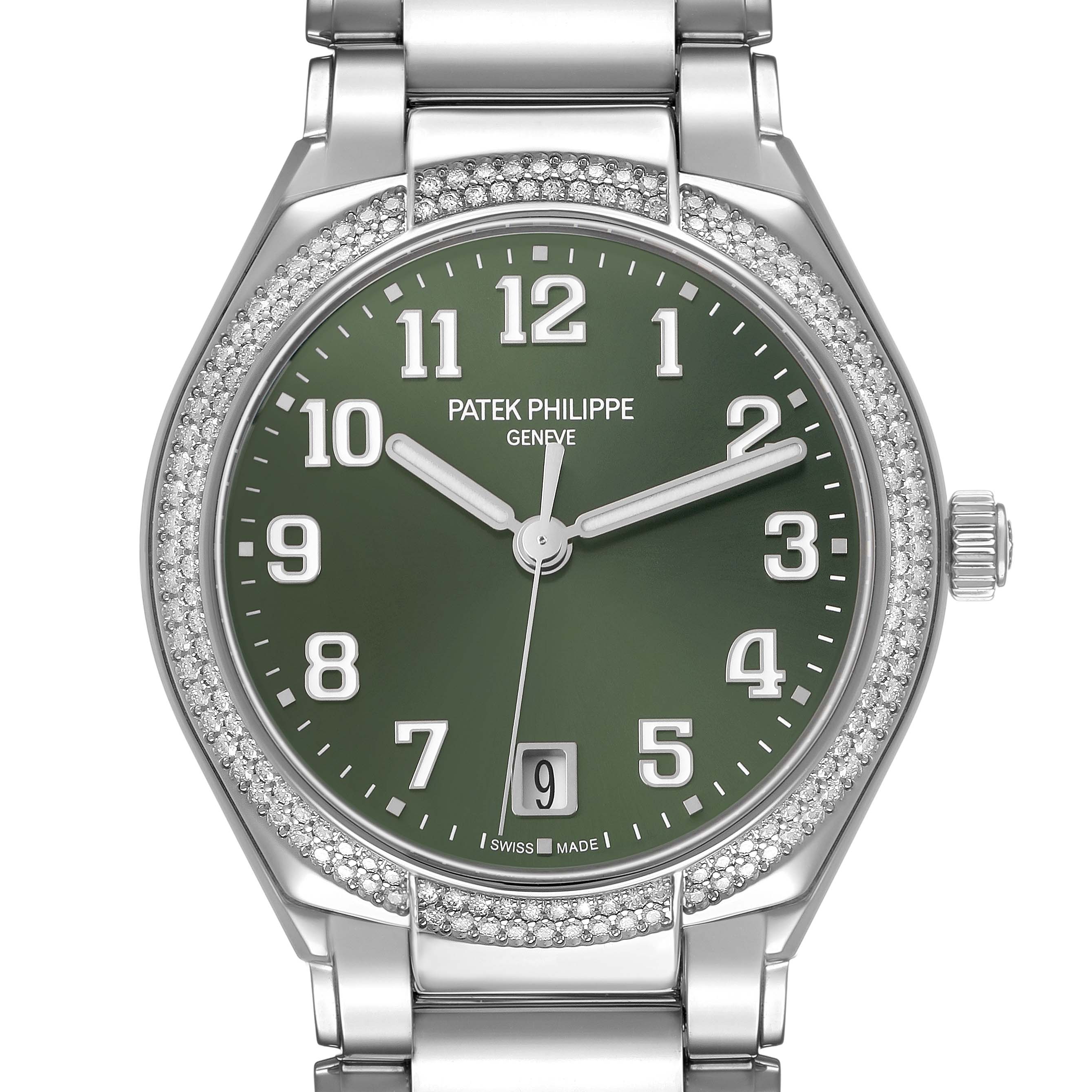 The Patek Philippe Twenty-4 7300/1200A-011 Women's Stainless Steel Green Dial watch is shown from the front, displaying its green dial, diamond bezel, and metal bracelet.