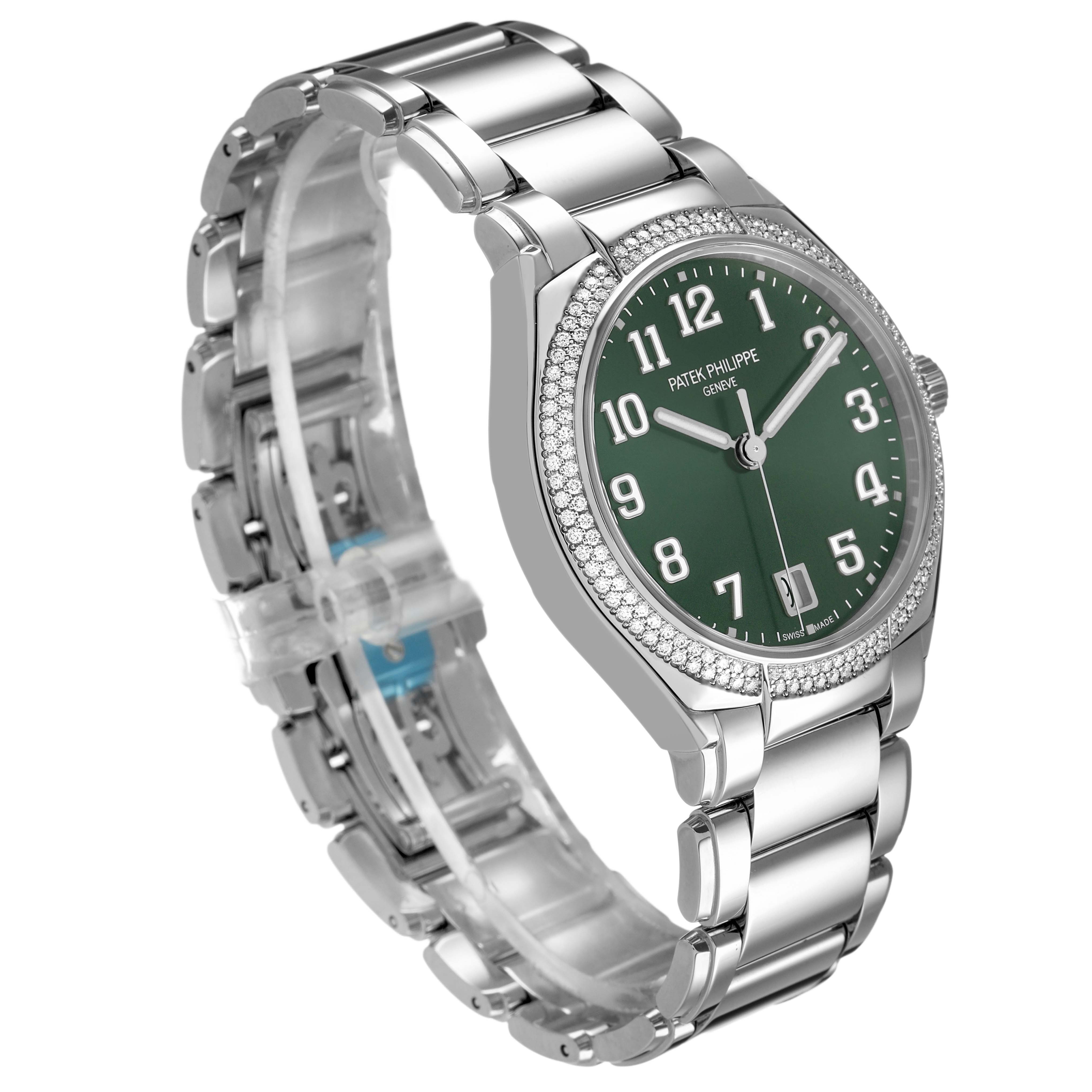 The Patek Philippe Twenty-4 7300/1200A-011 Women's Stainless Steel Green Dial watch is shown at a three-quarter angle, highlighting the dial, bezel, and bracelet.