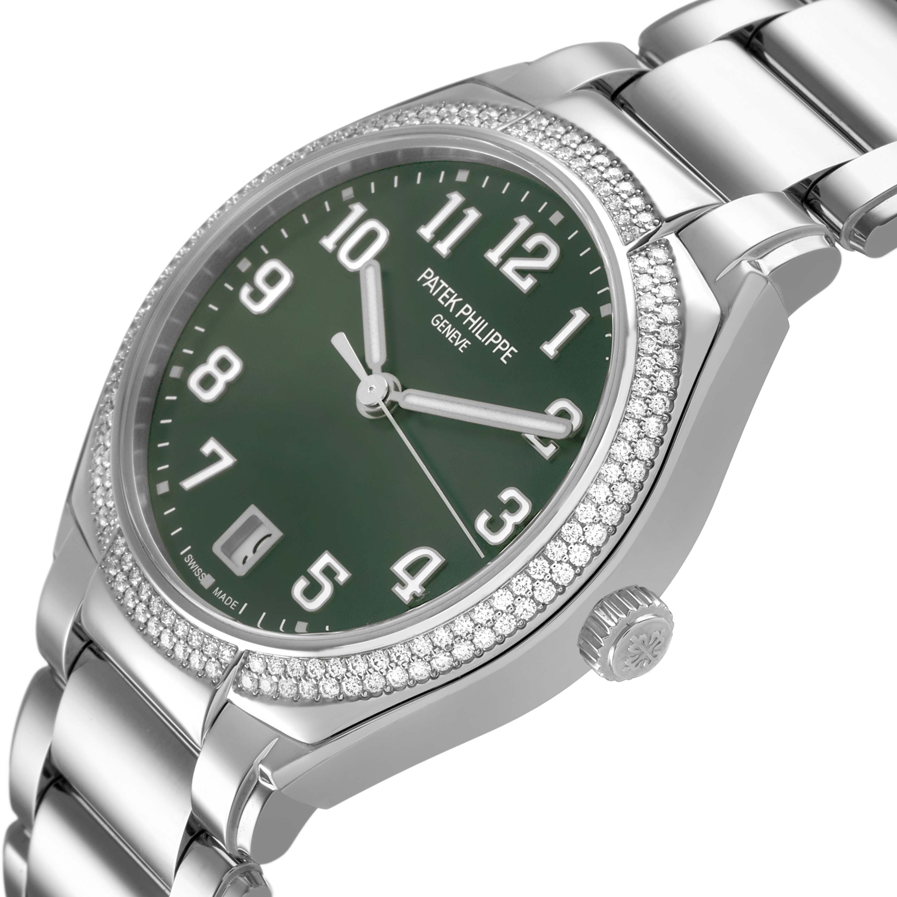 The image shows a side-angle view of the Patek Philippe Twenty-4 7300/1200A-011 Women's Stainless Steel Green Dial watch, highlighting the dial, bezel, crown, and bracelet.