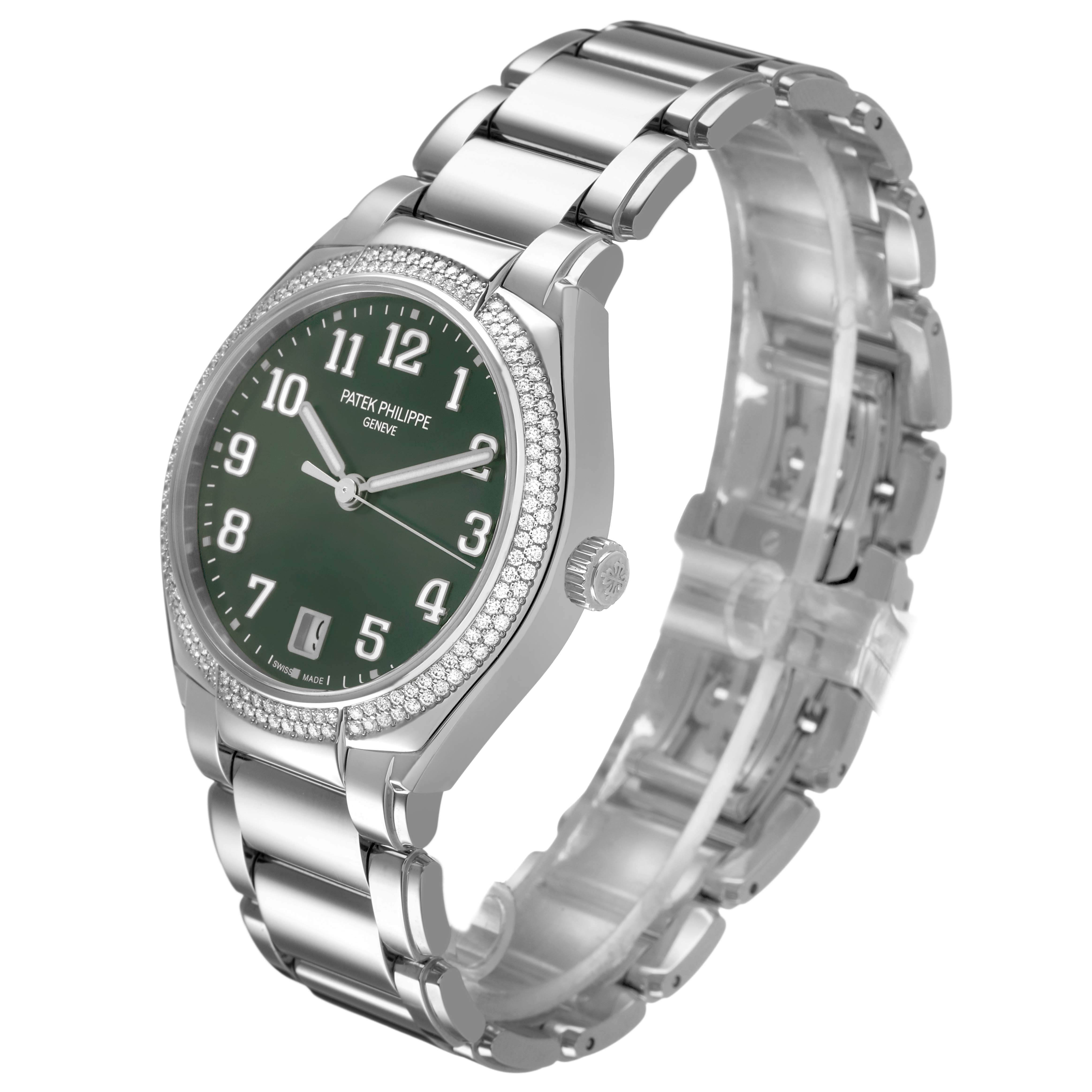 The Patek Philippe Twenty-4 7300/1200A-011 Women's Stainless Steel Green Dial watch is shown at a three-quarter angle, highlighting its dial, bezel, and bracelet.