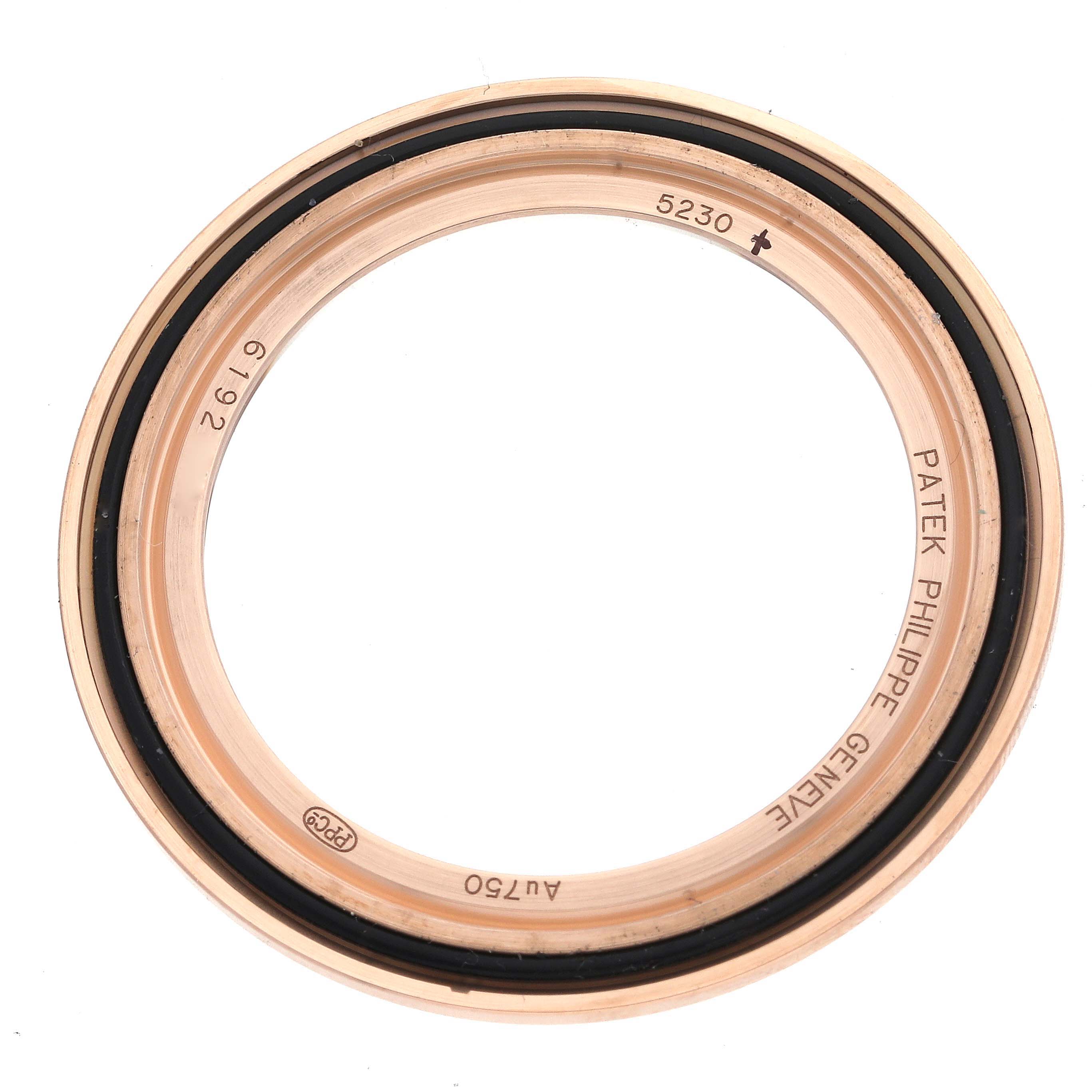 This image shows a bezel for the Patek Philippe Complications 5230R-001 Men's Rose Gold Grey Dial 5230R-001 Men's Rose Gold Grey Dial model, viewed from the top angle.