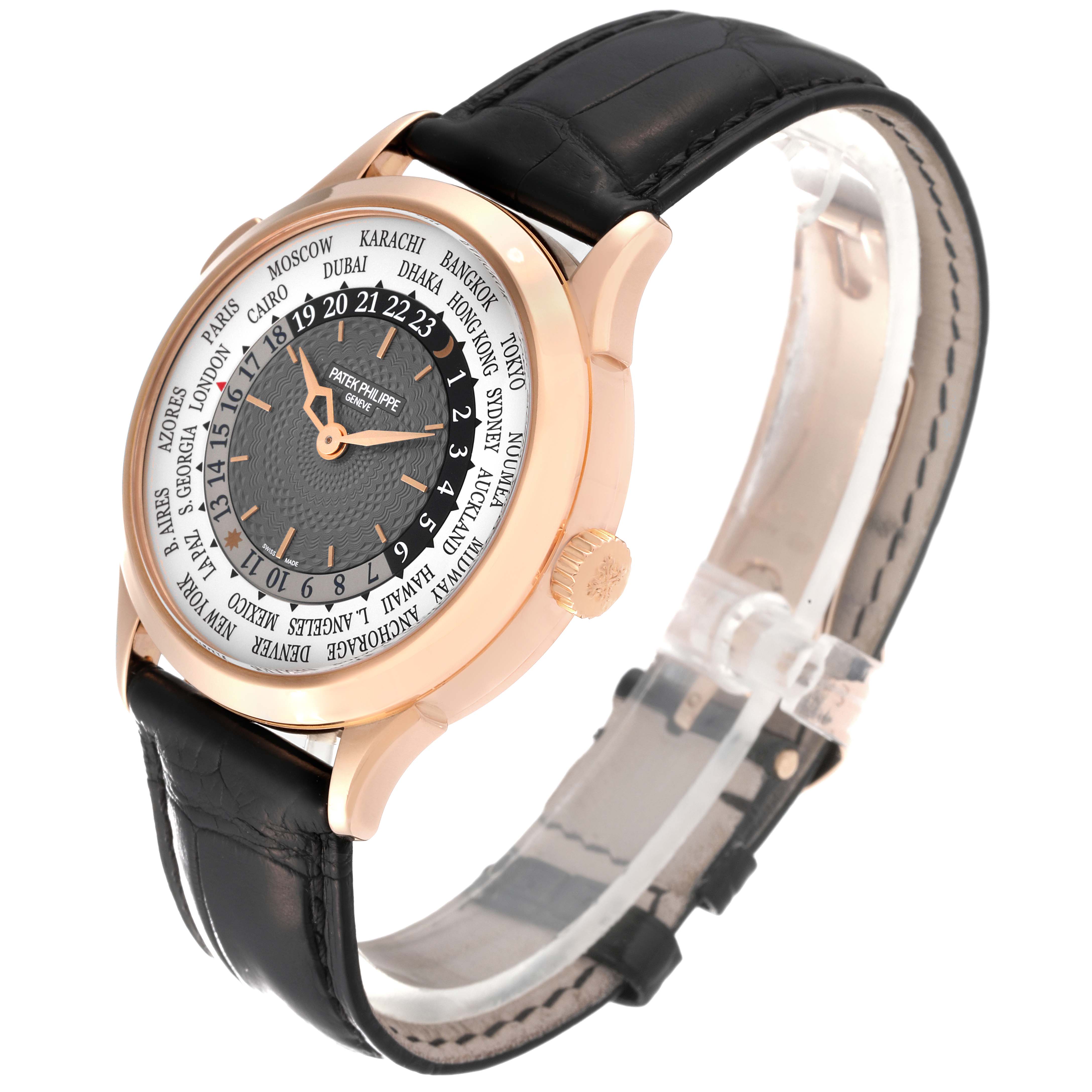 This photo shows a Patek Philippe Complications 5230R-001 Men's Rose Gold Grey Dial 5230R-001 Men's Rose Gold Grey Dial model watch from an angled side view, highlighting the face, bezel, and strap.