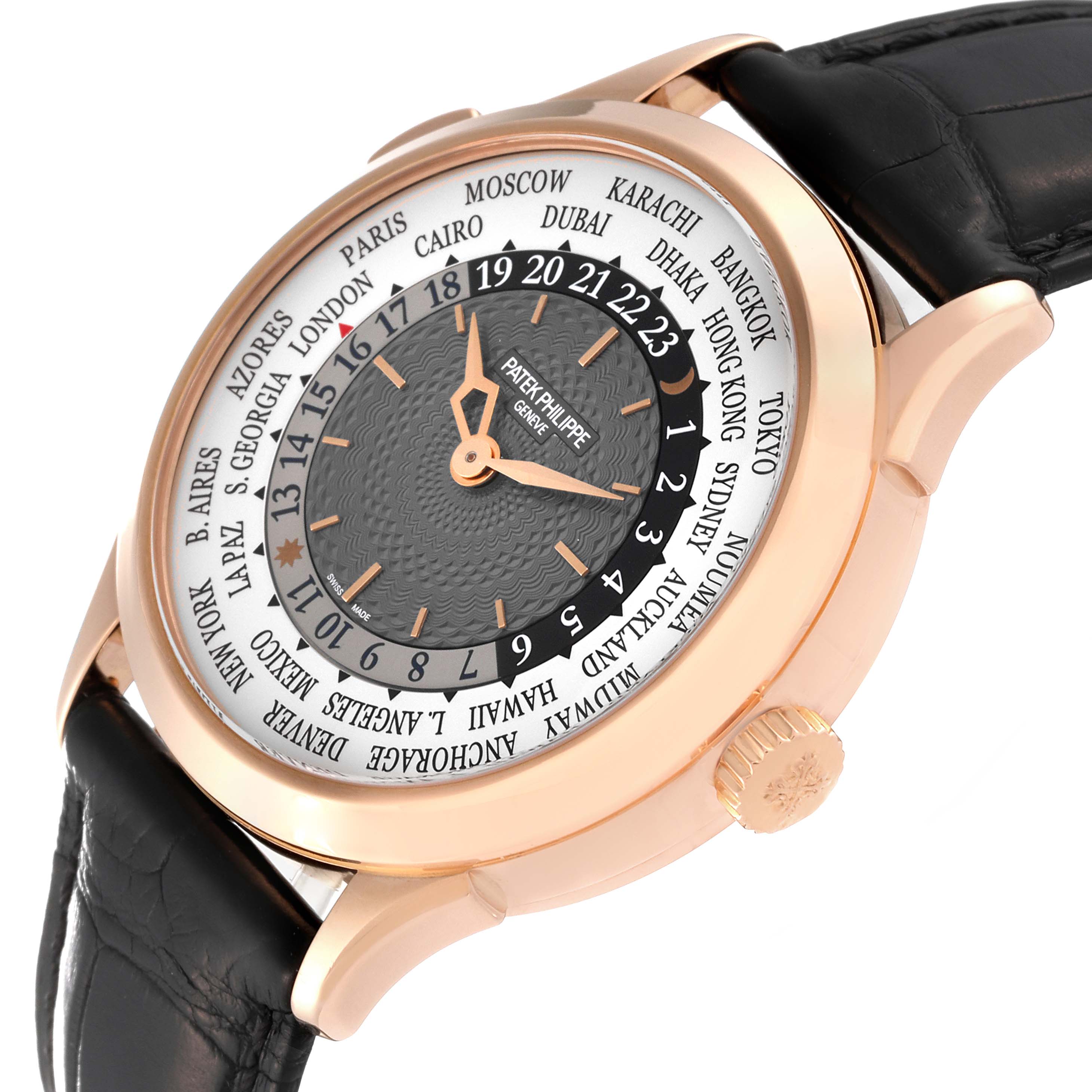 The image shows a side angle view of a Patek Philippe Complications 5230R-001 Men's Rose Gold Grey Dial 5230R-001 Men's Rose Gold Grey Dial watch, highlighting the face, bezel, crown, and part of the strap.