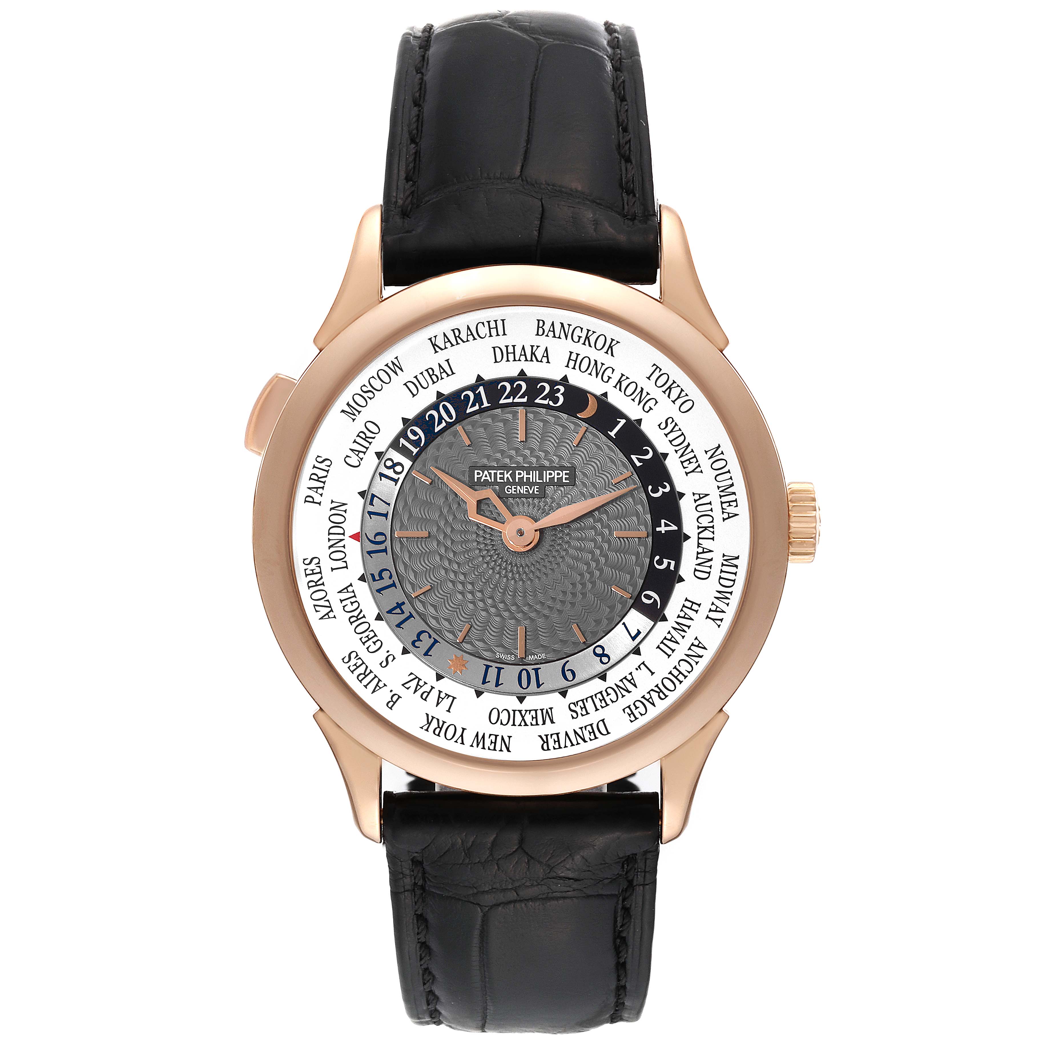 The image shows a front view of a Patek Philippe Complications 5230R-001 Men's Rose Gold Grey Dial 5230R-001 Men's Rose Gold Grey Dial watch, displaying its world time dial and black leather strap.