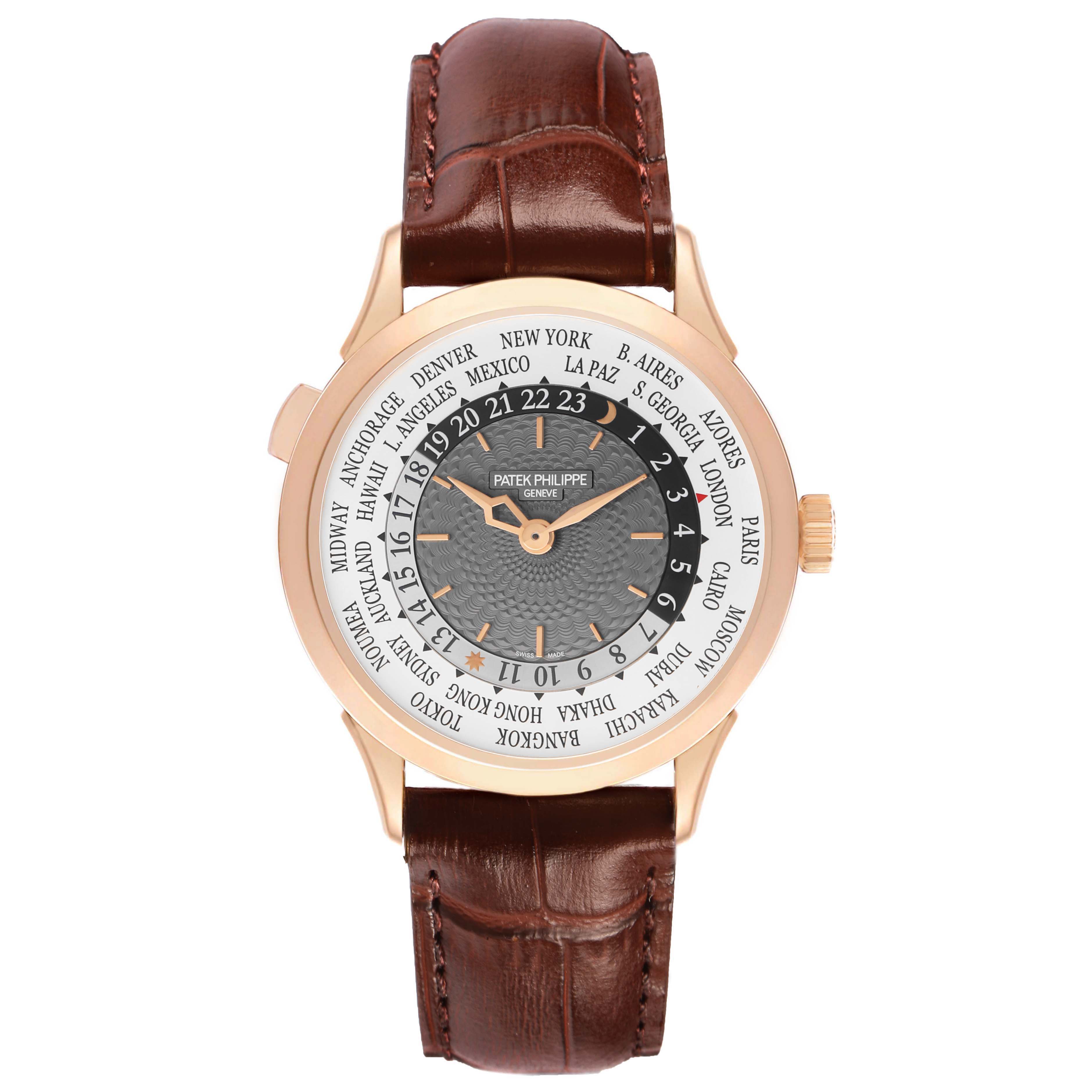 The Patek Philippe Complications 5230R-001 Men's Rose Gold Grey Dial watch is shown from the front, displaying its world time dial and leather strap.