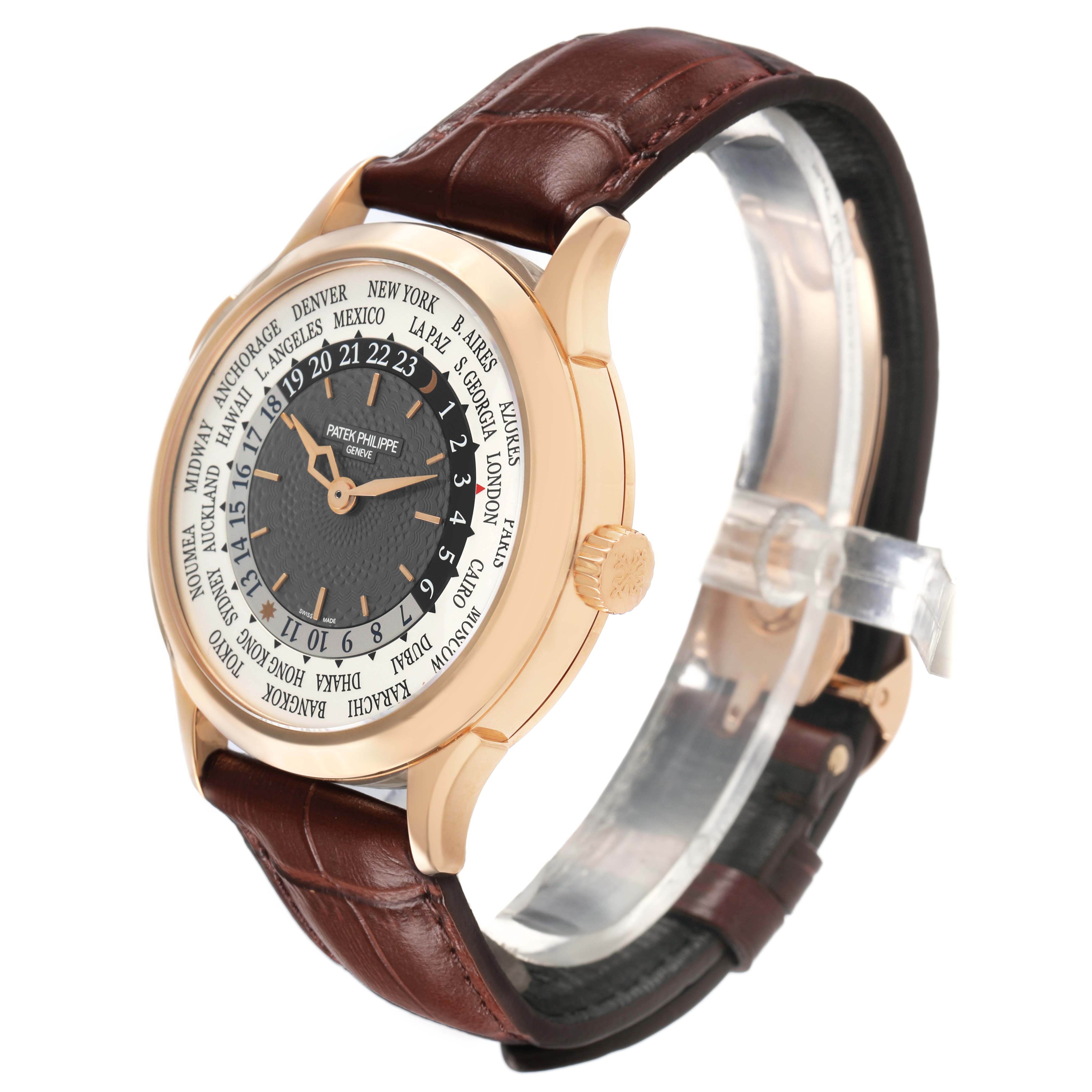 The Patek Philippe Complications 5230R-001 Men's Rose Gold Grey Dial watch is shown at a three-quarter angle, displaying the dial, bezel, crown, and strap.