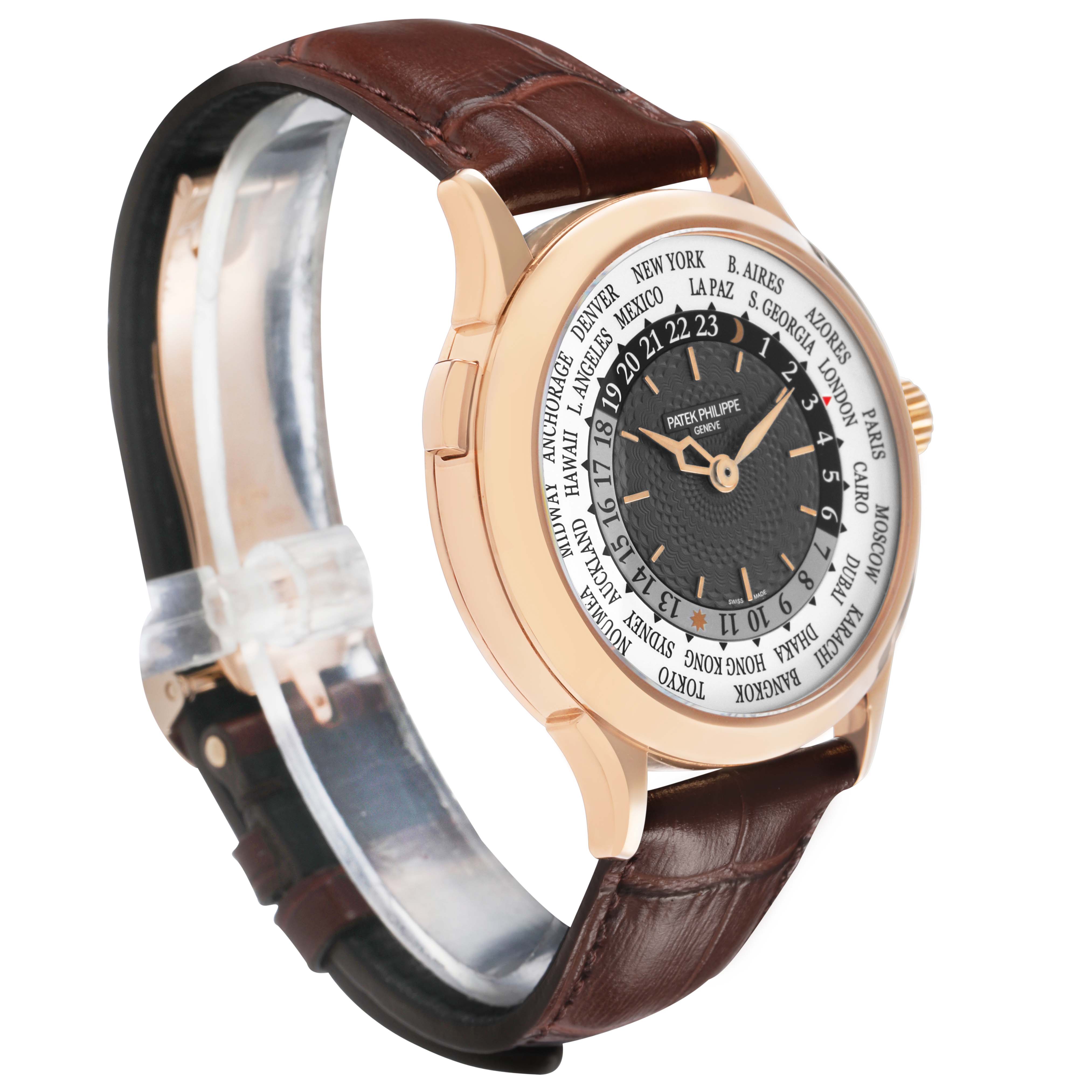 The Patek Philippe Complications 5230R-001 Men's Rose Gold Grey Dial watch is shown at a three-quarter angle, highlighting its face, bezel, and leather strap.