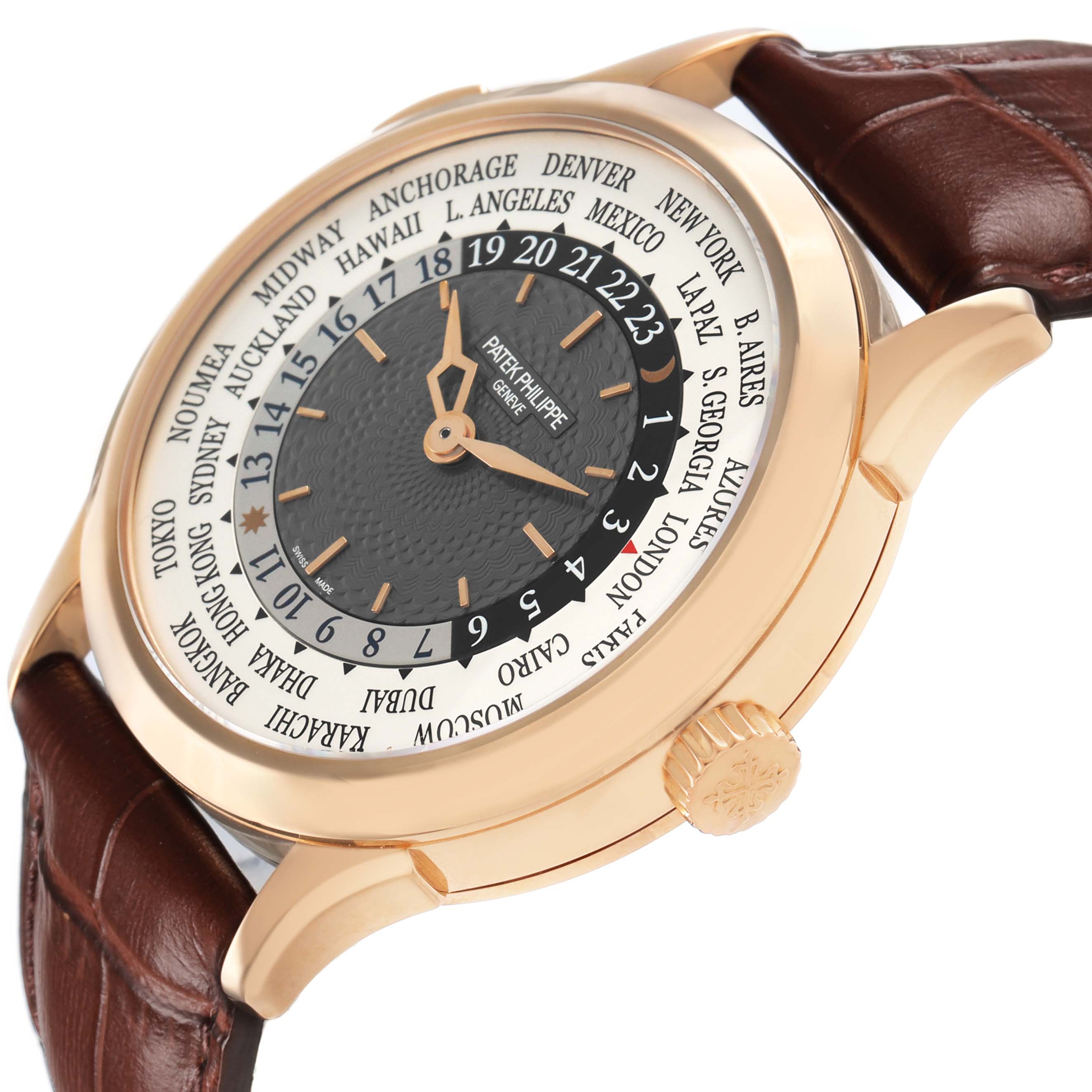 The Patek Philippe Complications 5230R-001 Men's Rose Gold Grey Dial watch is shown from a side angle, featuring its crown, case, and a partial view of the strap and dial.