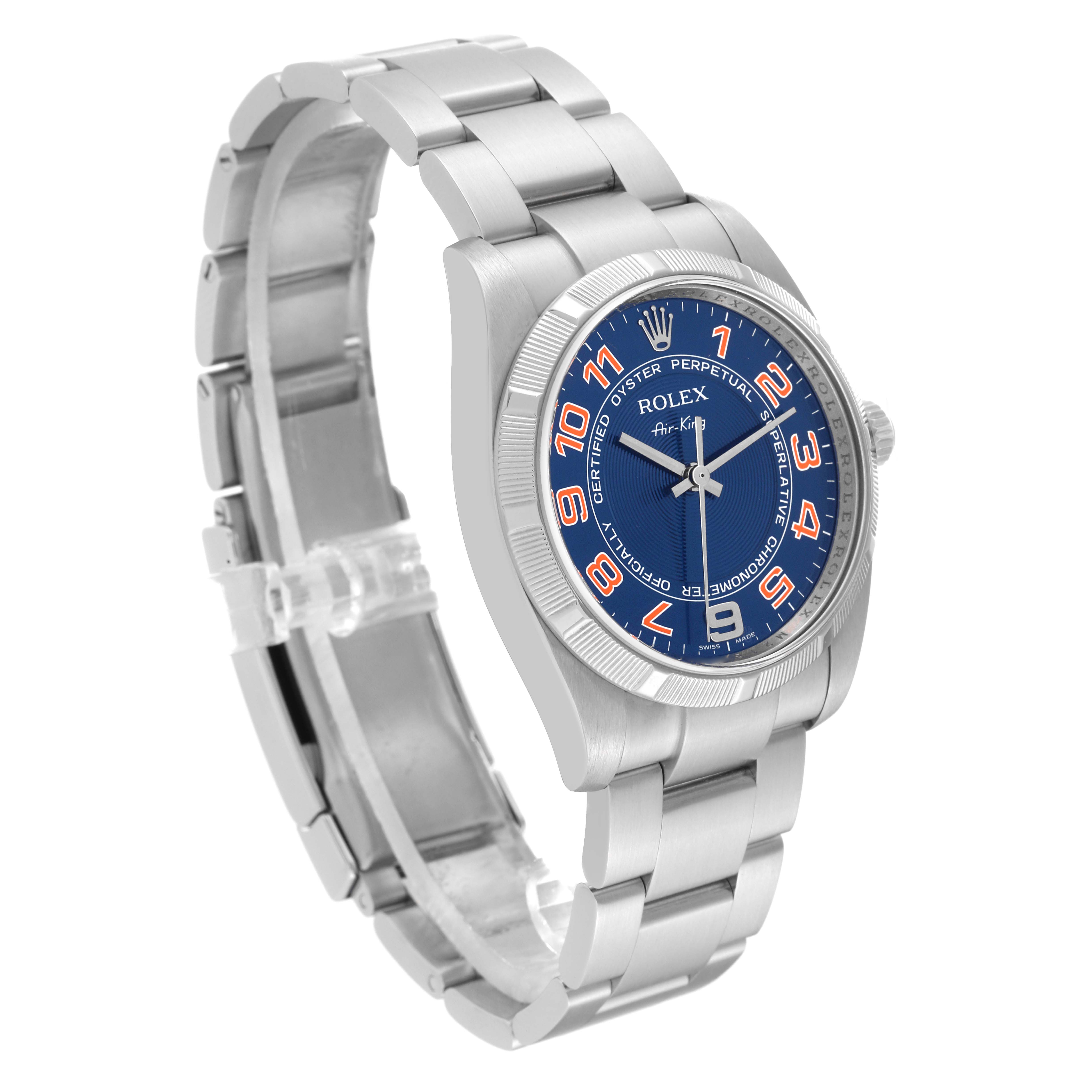 The image shows a Rolex Air-King 114210 Men's Stainless Steel Blue Dial 114210 Men's Stainless Steel Blue Dial watch from a front angled view, highlighting the dial, bezel, and bracelet.