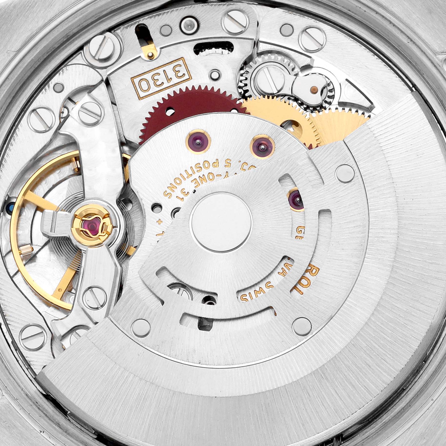 This image shows a close-up of the mechanical movement from the back of the Rolex Air-King 114210 Men's Stainless Steel Blue Dial 114210 Men's Stainless Steel Blue Dial watch.