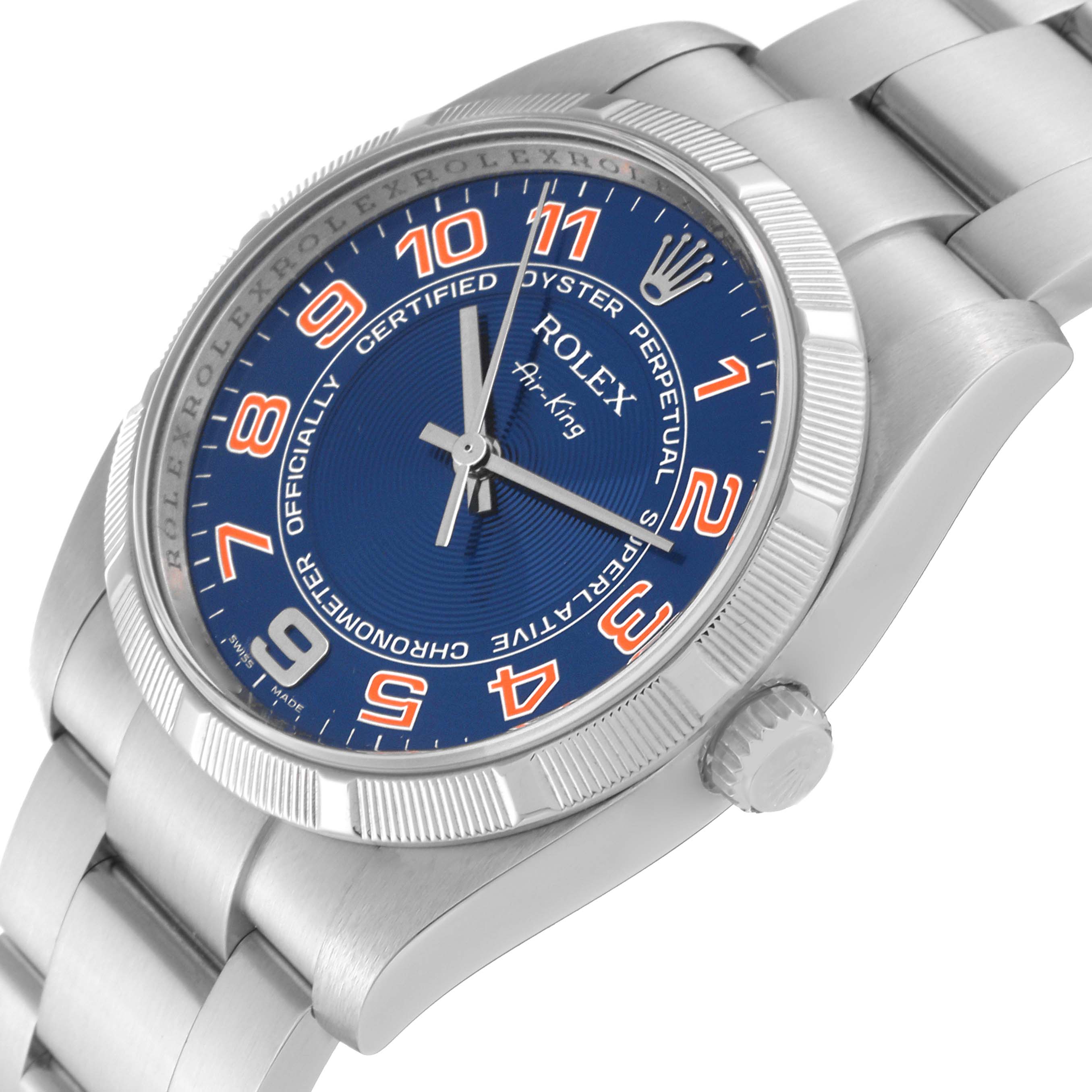 This image shows the Rolex Air-King 114210 Men's Stainless Steel Blue Dial 114210 Men's Stainless Steel Blue Dial watch at a 45-degree angle, highlighting the dial, bezel, crown, and part of the bracelet.