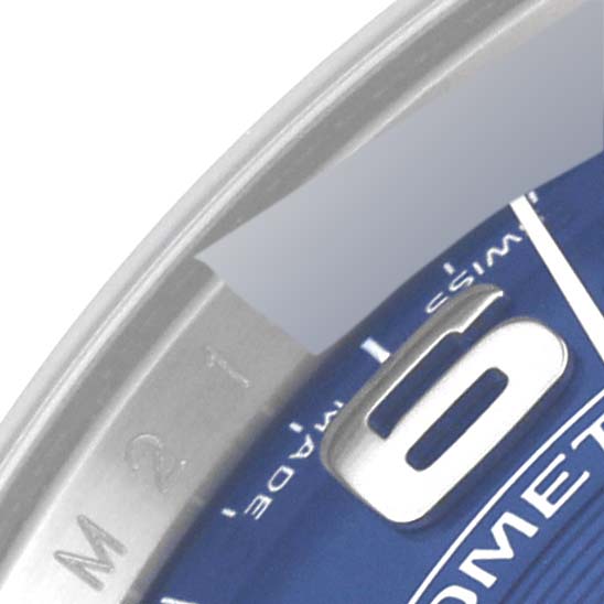 The image shows a close-up view of the Rolex Air-King 114210 Men's Stainless Steel Blue Dial 114210 Men's Stainless Steel Blue Dial watch face, highlighting the number 6 and part of the bezel.