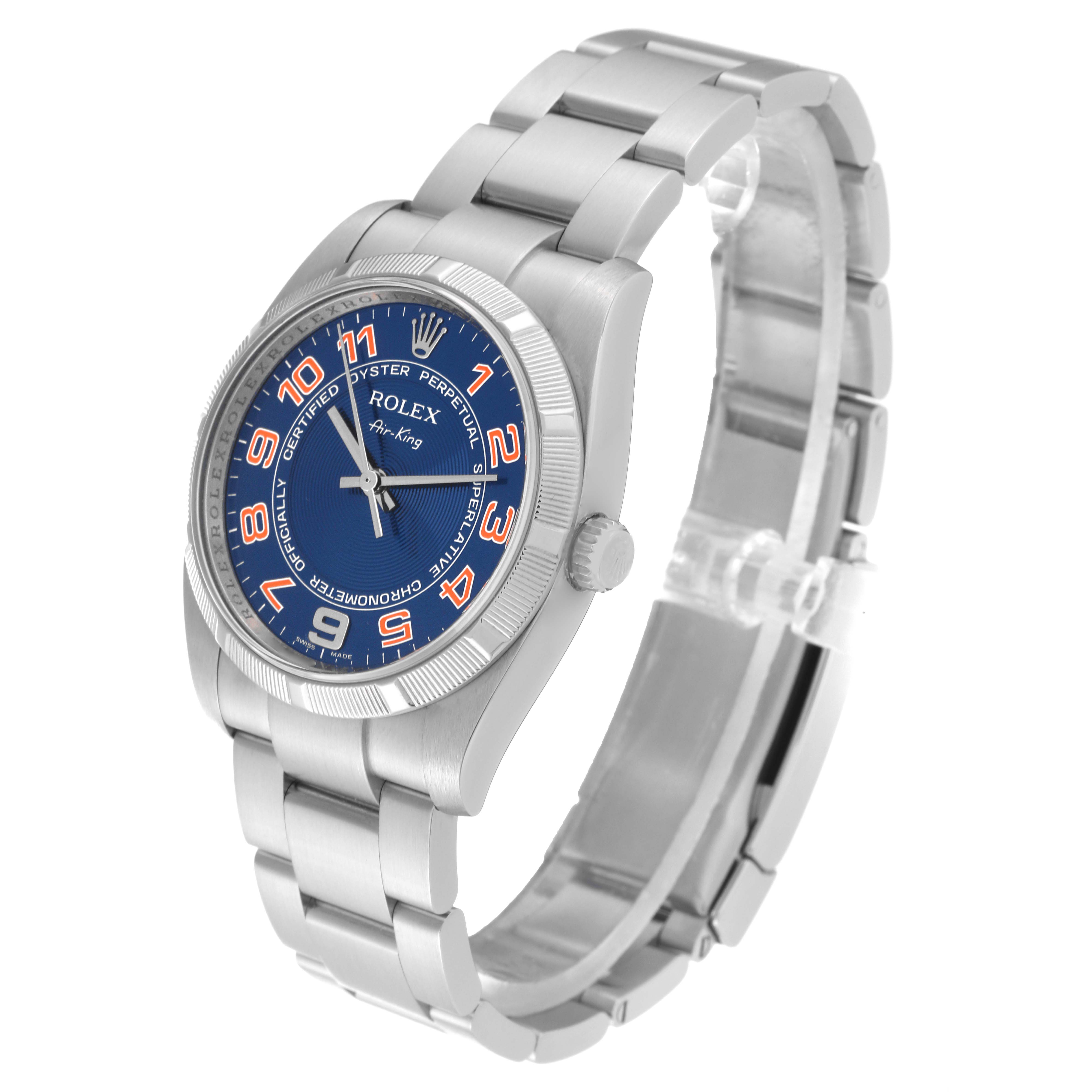 The Rolex Air-King 114210 Men's Stainless Steel Blue Dial 114210 Men's Stainless Steel Blue Dial watch is shown at a three-quarter angle, highlighting its blue dial, stainless steel bracelet, and crown.