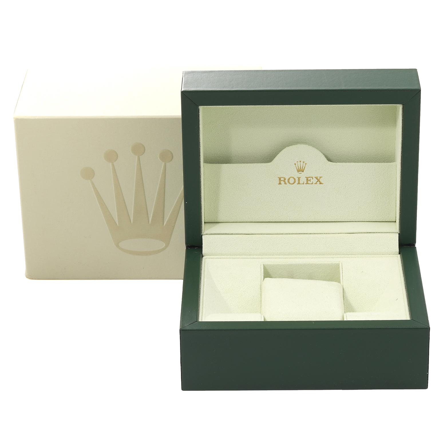 The image shows the opened and closed boxes for a Rolex Air-King 114210 Men's Stainless Steel Blue Dial 114210 Men's Stainless Steel Blue Dial watch, displaying the interior compartments and logo.