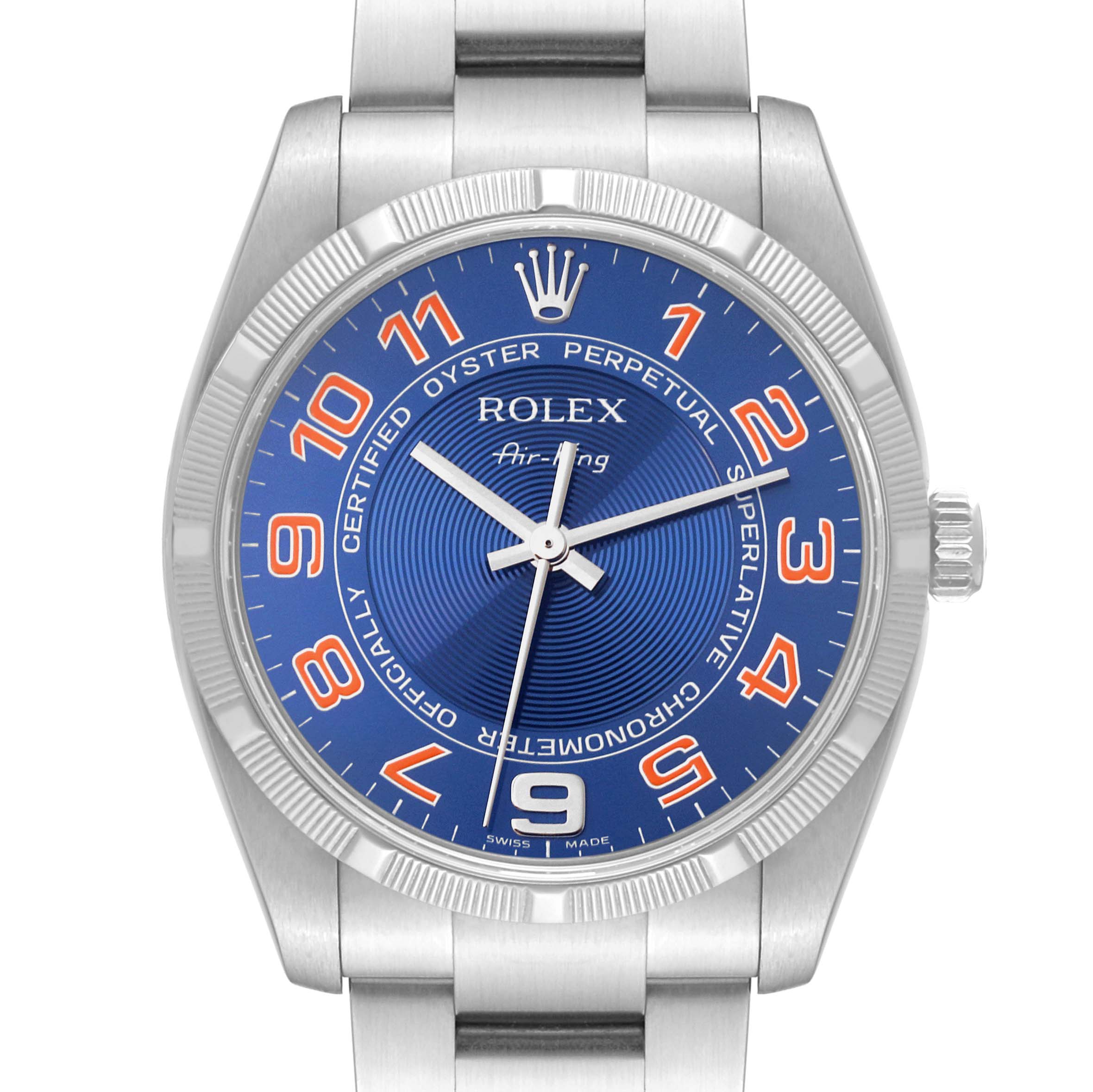 This image shows a front view of the dial and part of the bracelet of the Rolex Air-King 114210 Men's Stainless Steel Blue Dial 114210 Men's Stainless Steel Blue Dial watch.