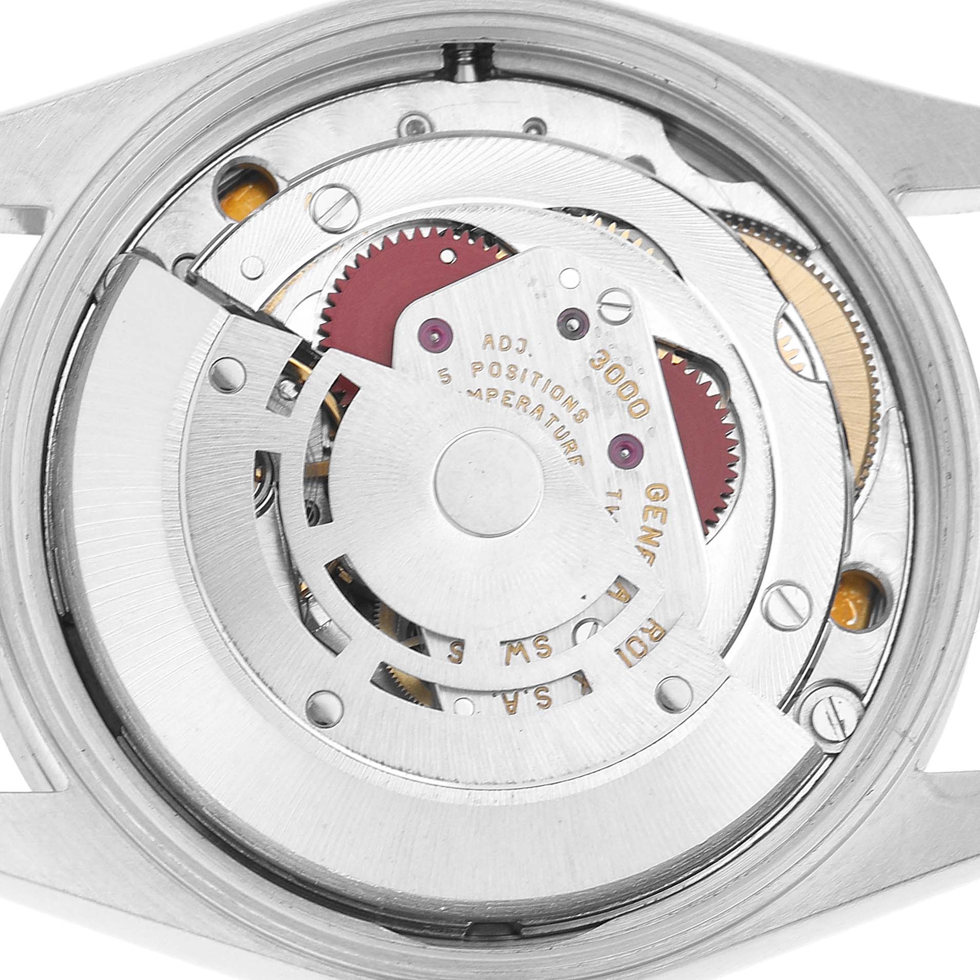 The image shows the movement mechanism of a Rolex Air-King 14010 Men's Stainless Steel Blue Dial watch from a rear view, highlighting its gears and rotor.