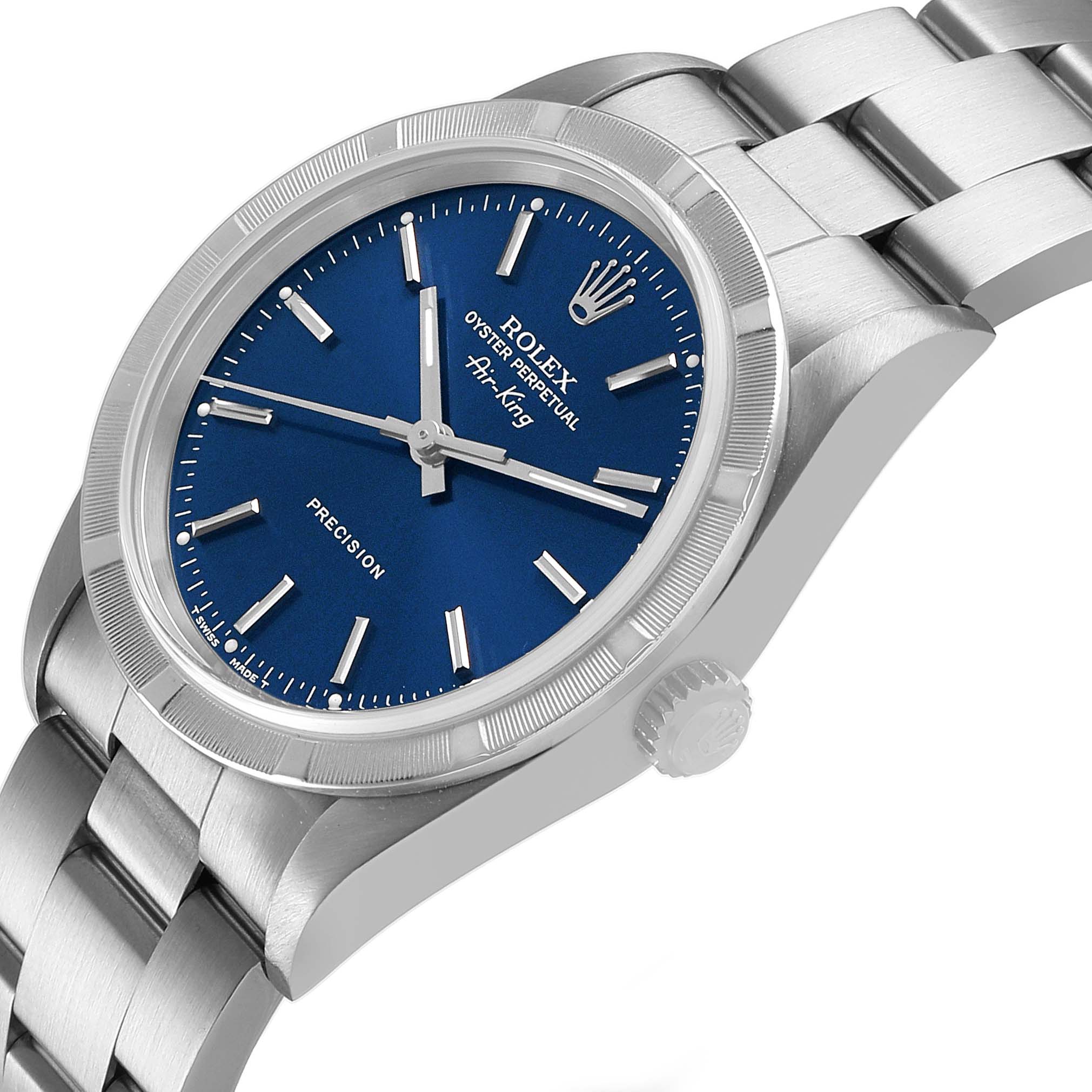 The Rolex Air-King 14010 Men's Stainless Steel Blue Dial watch is shown at a side angle, featuring the case, crown, bezel, bracelet, and a blue dial.